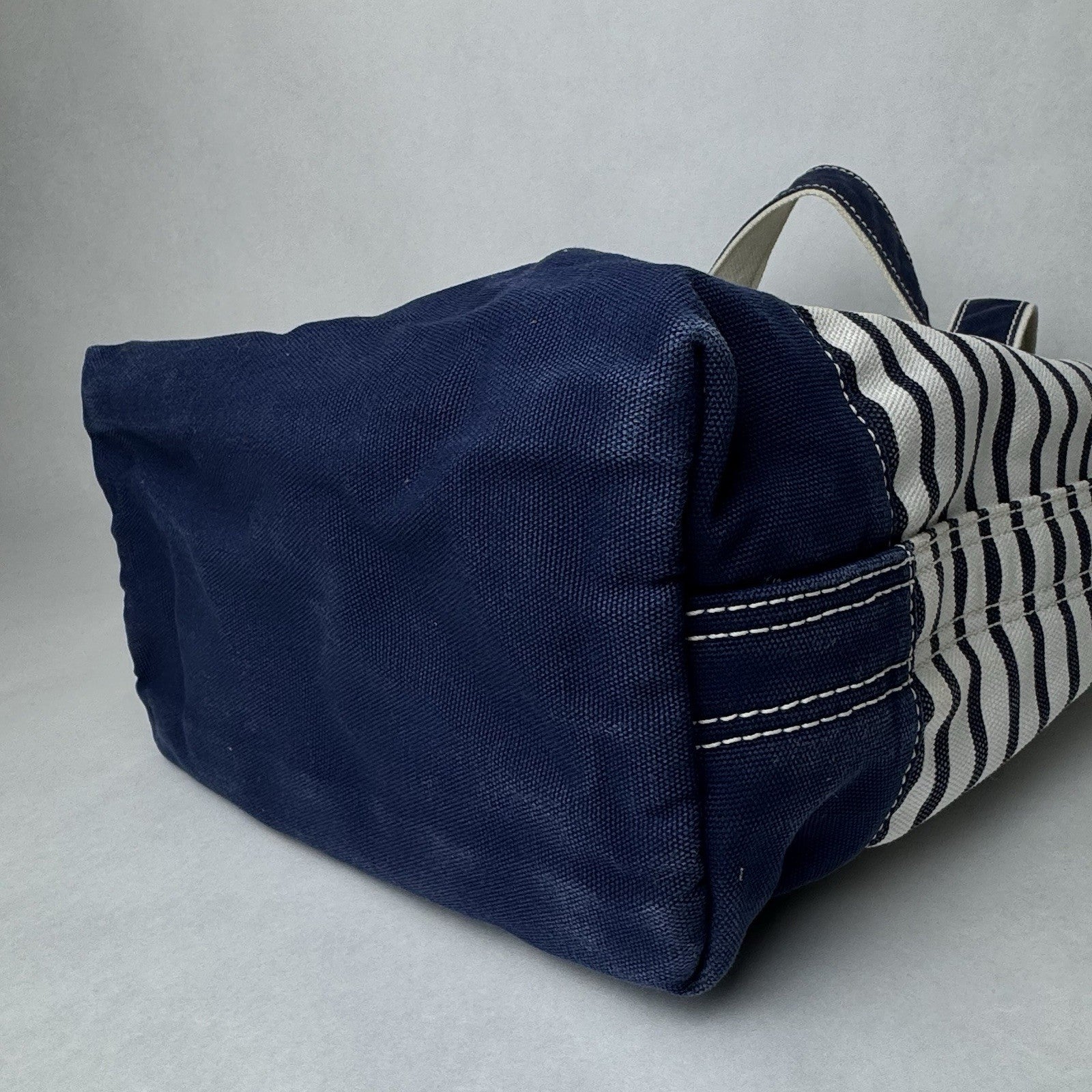 Lands’ End Canvas Large Blue and Natural Tan Striped Tote Beach Bag 15”x7”x12”