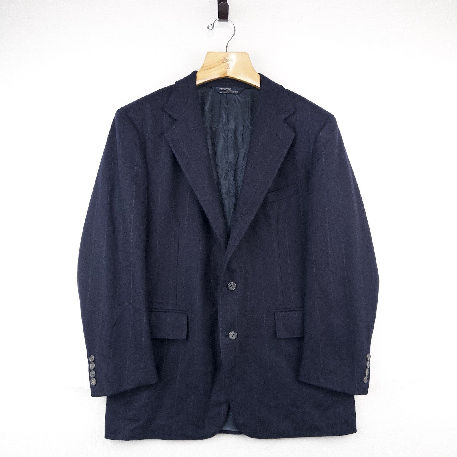 80’s Vtg Polo Ralph Lauren Dark Blue Navy Pinstripe Flannel Blazer Jacket 40 USA