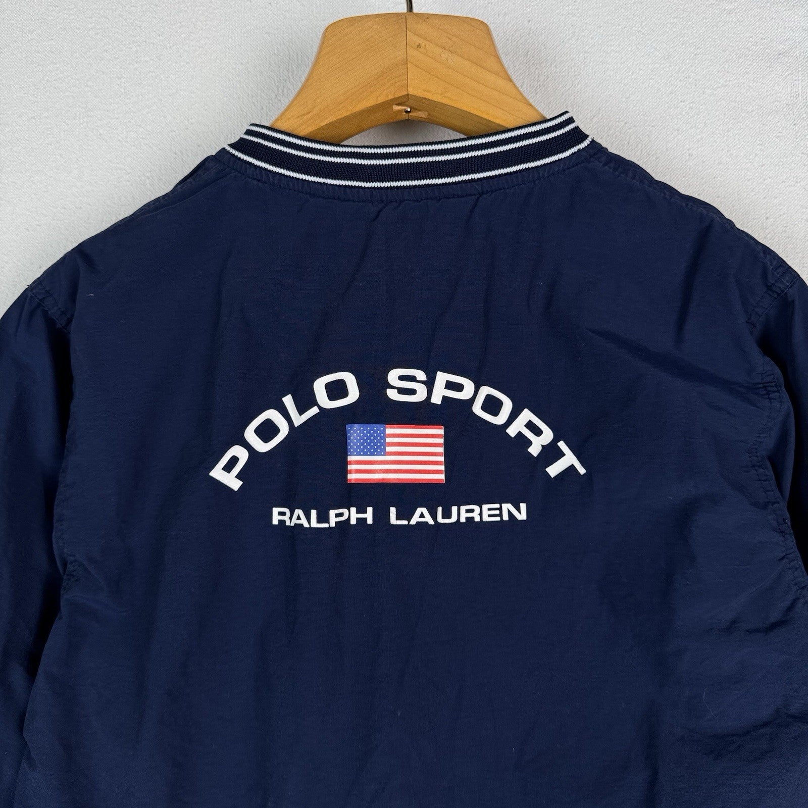 Vtg 90’s Polo Sport Ralph Lauren Blue Flag Spellout Windbreaker Pullover Large