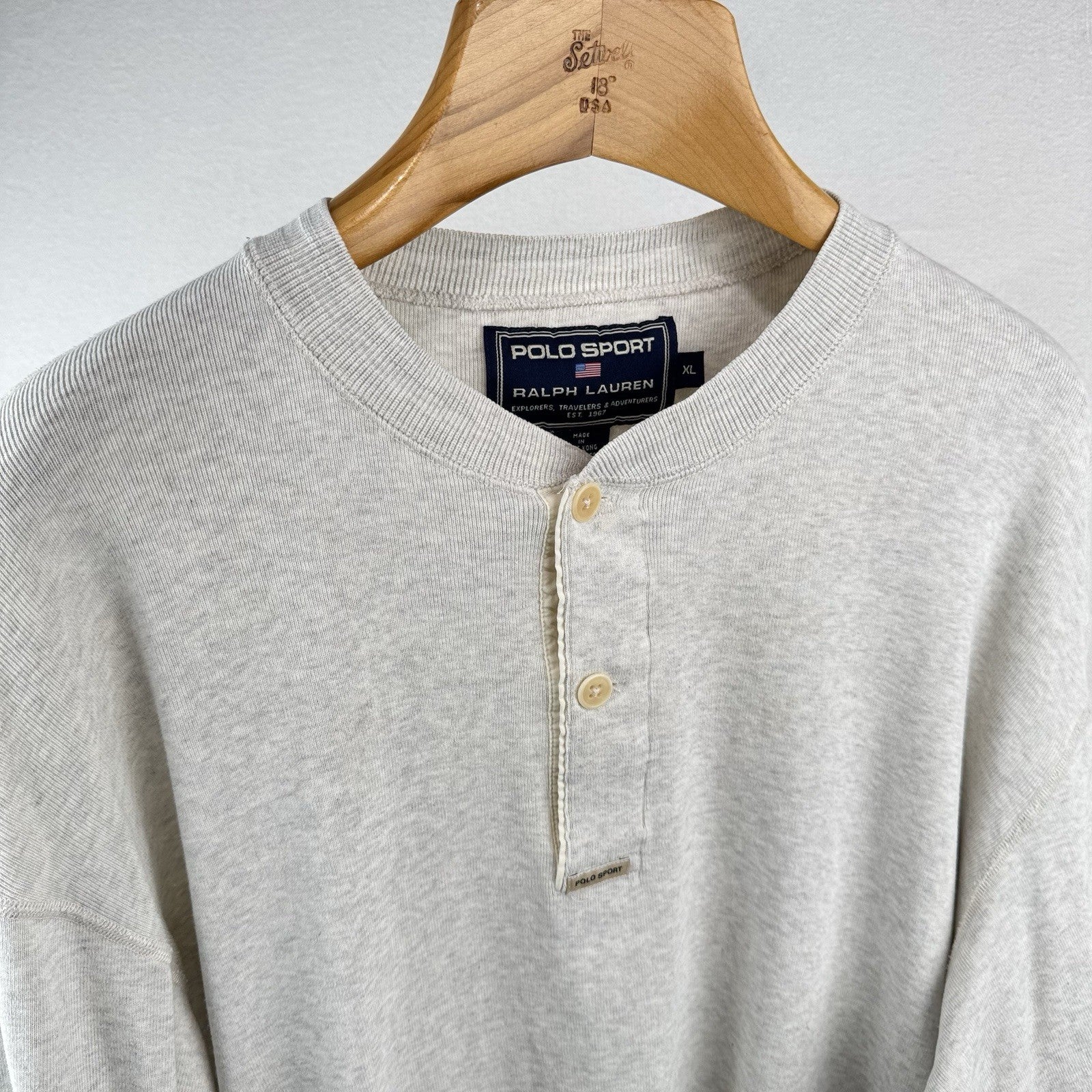 90’s Vintage Polo Sport Ralph Lauren Henley Shirt Oatmeal Heather Beige Men's XL