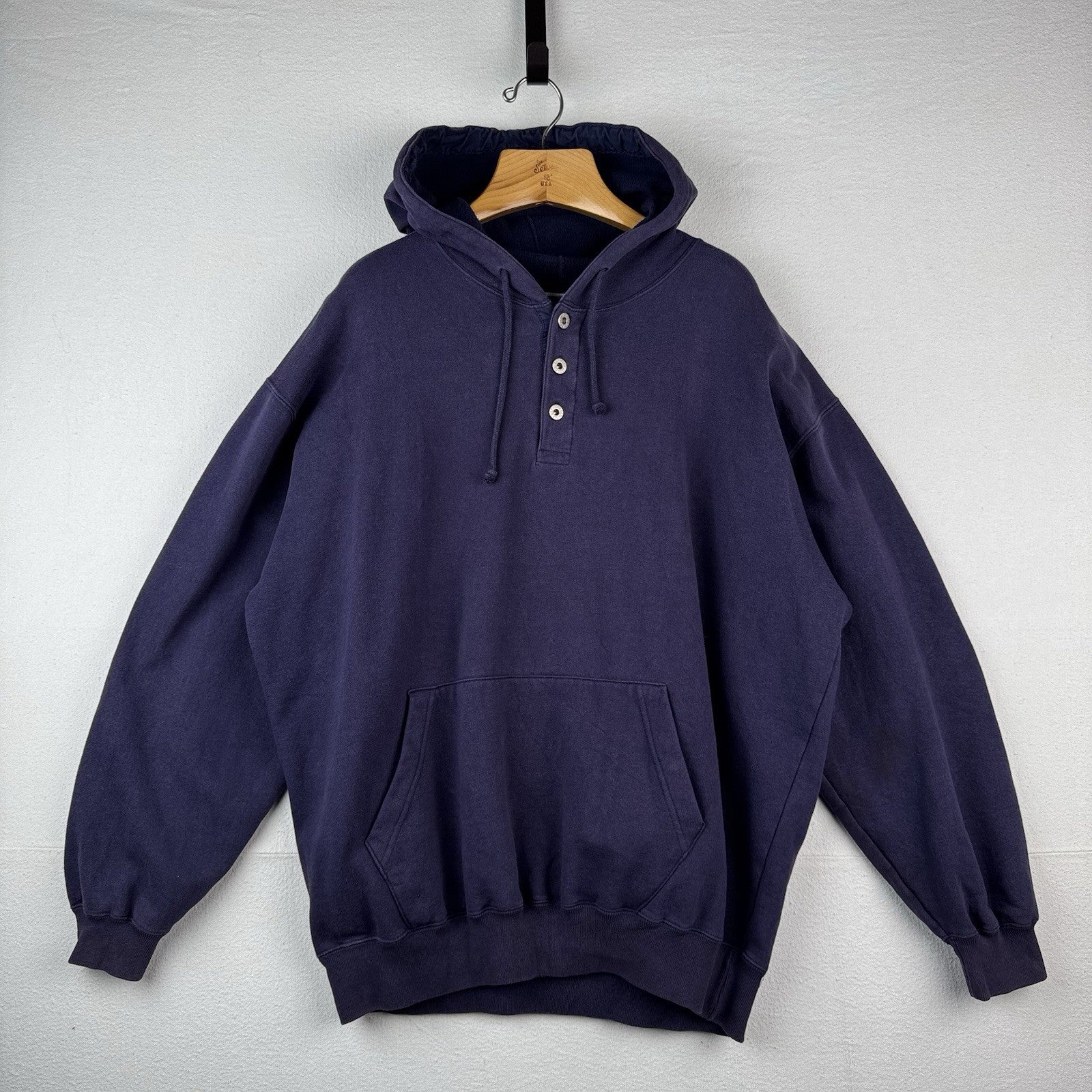 90’s Vtg GAP Athletic Hoodie Men Large Blue Button Drawstring Faded Distressed
