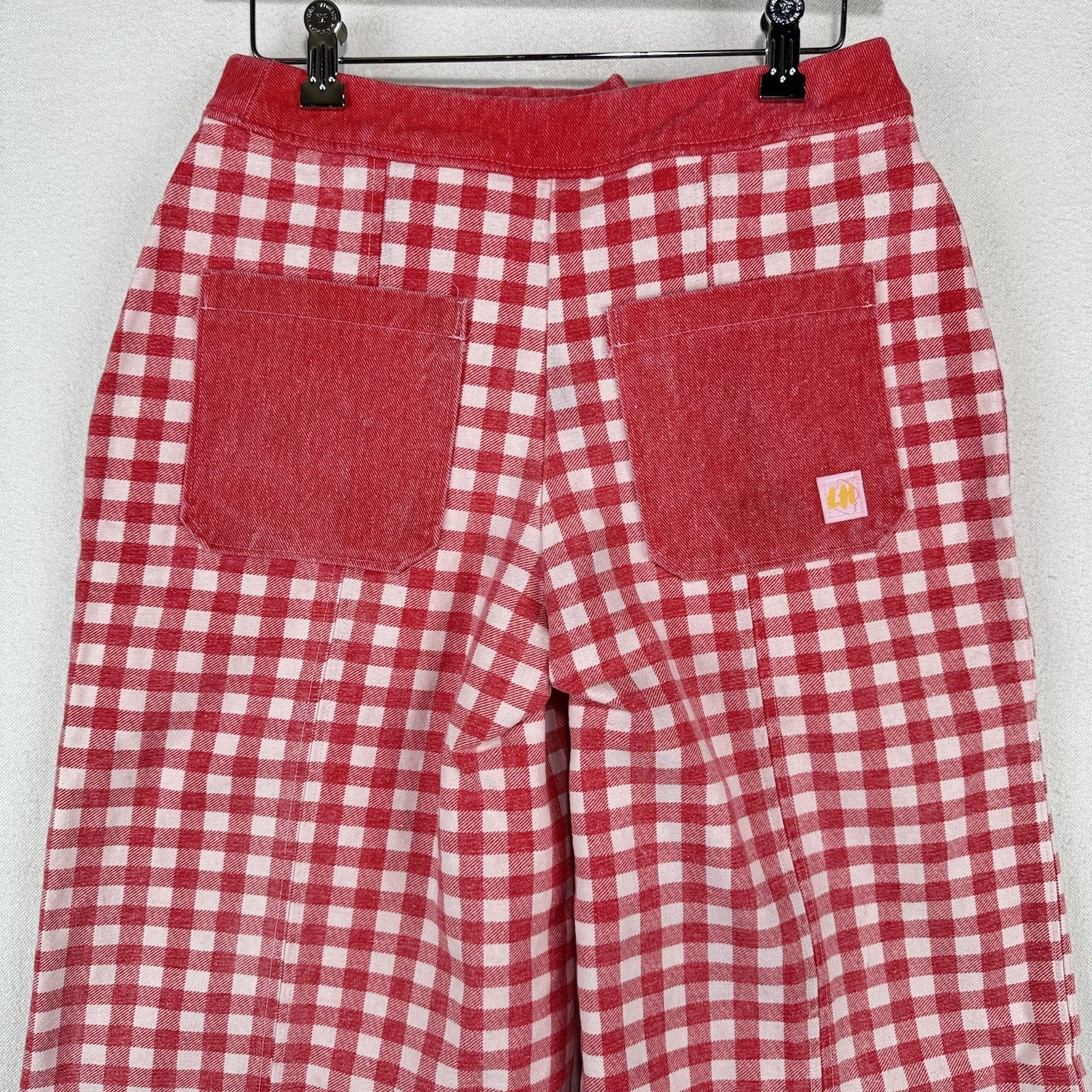 Vtg Gingham Womens 28x30 Wide 13” Leg High Waist Pants Red & White Patch Pockets