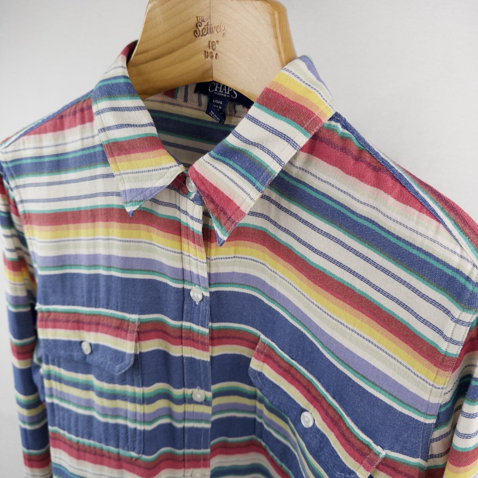 90’s Vtg CHAPS Ralph Lauren Blanket Stripe Print Button Up Shirt Men’s Large