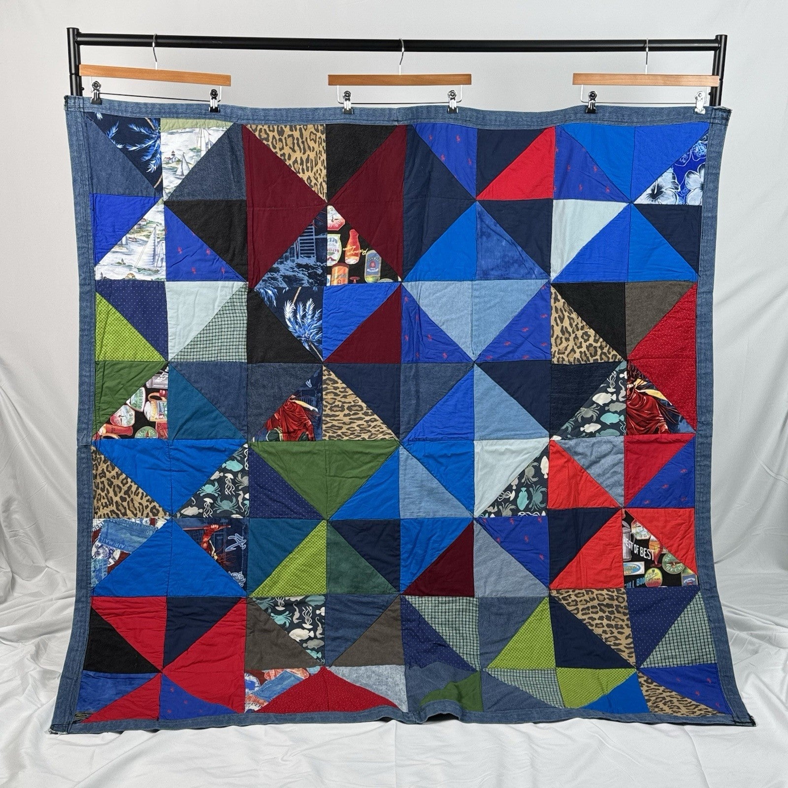 Handmade Square Patchwork Quilt Denim Edging Polo Pony Nautical 65”x65”