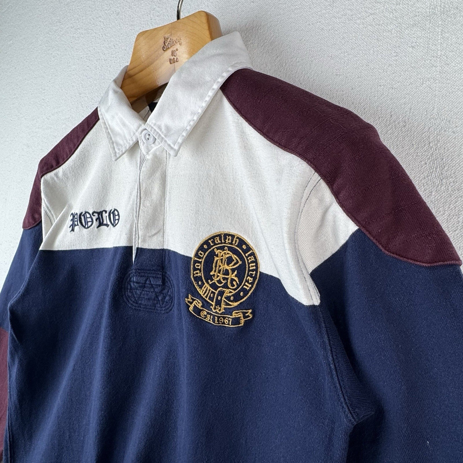 90’s Vtg Polo Ralph Lauren Women’s L Scribble Rugby  Shoulder Elbow Patch 17.5”