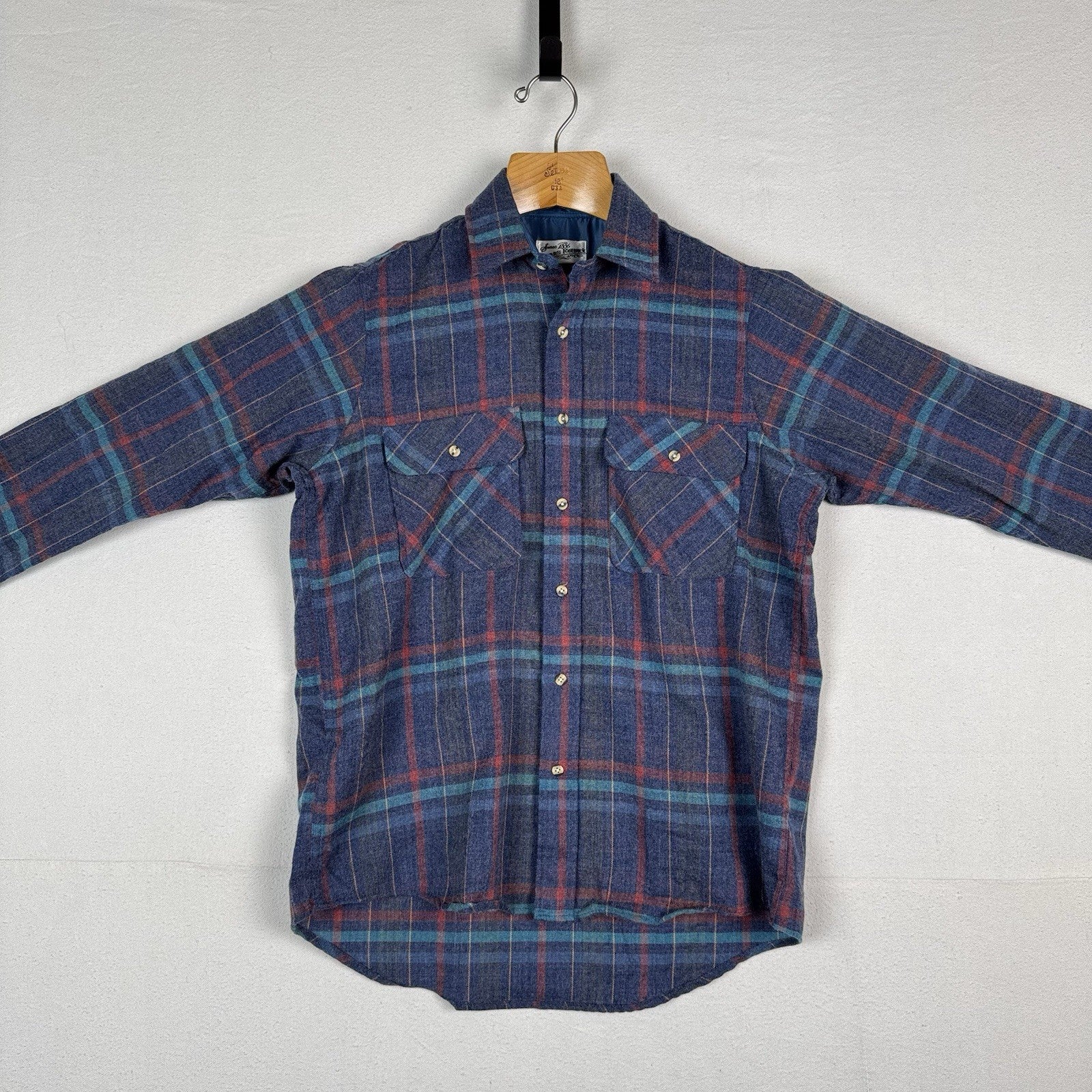 Vtg Sears Roebuck Wool Flannel Shirt Men’s Medium Blue Plaid Single Needle Korea