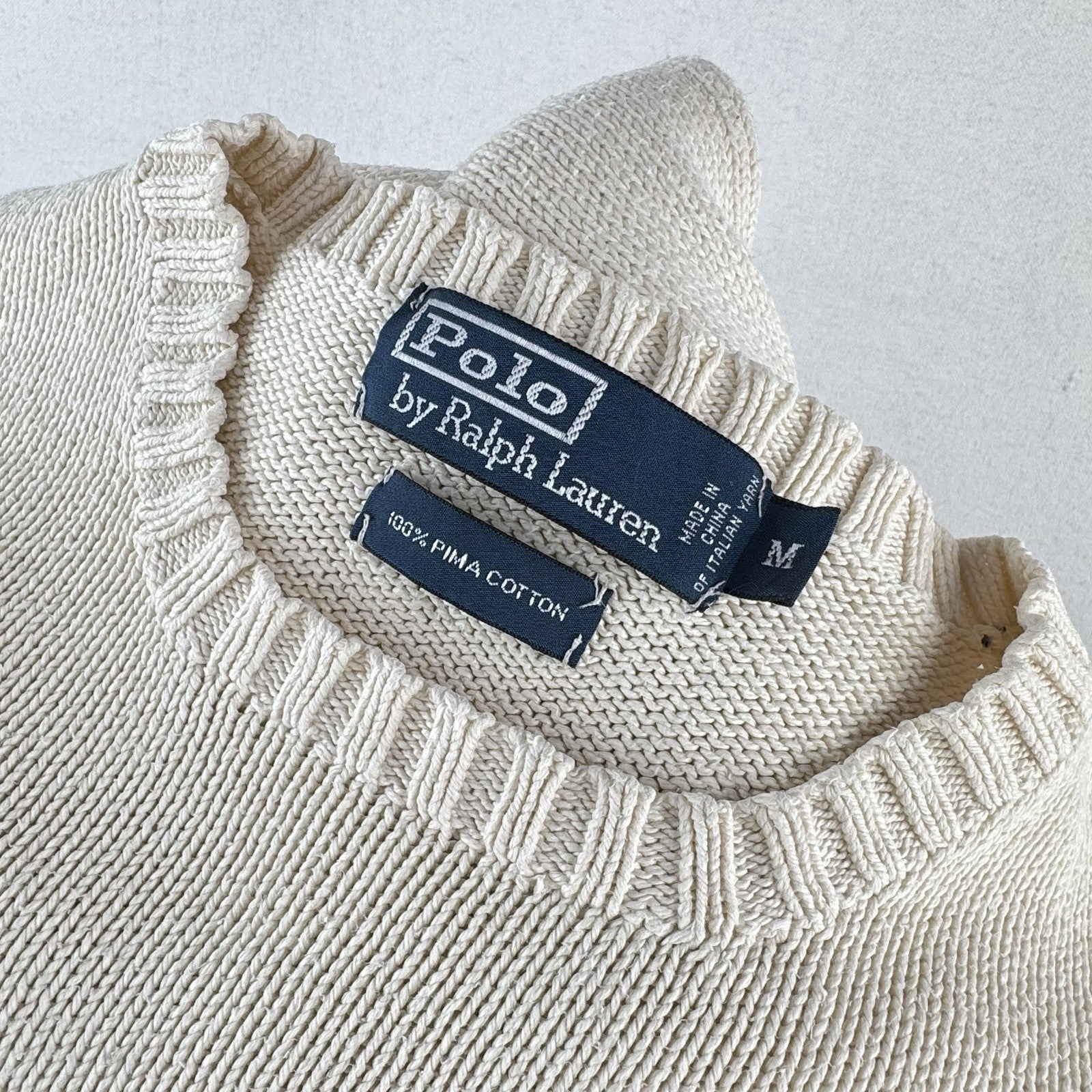 90's Vintage Polo Ralph Lauren Sweater Men's M Cream Beige Pima Cotton Crewneck