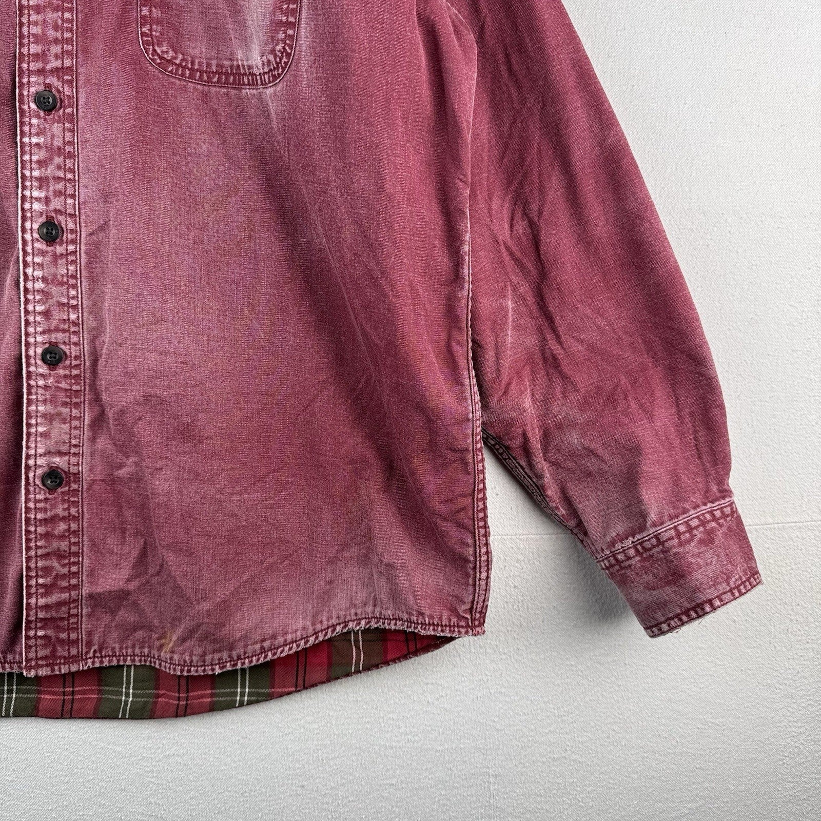 Vtg LL Bean Hurricane Shirt Mens Large Wine Red Plaid Flannel Lined Distressed