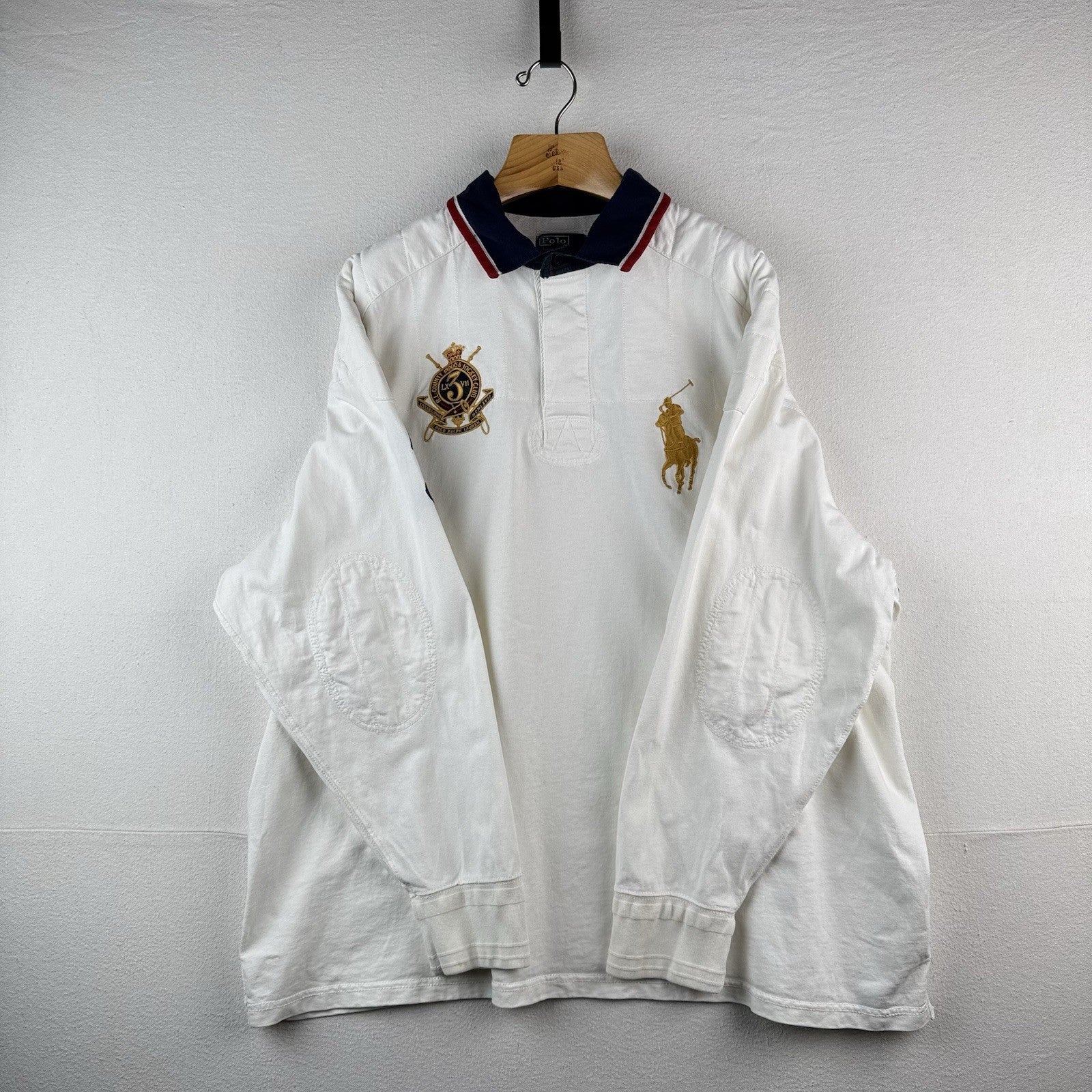 Vtg Polo Ralph Lauren White Rugby Shirt Big Pony 4XB Jockey Club Crest Quilted
