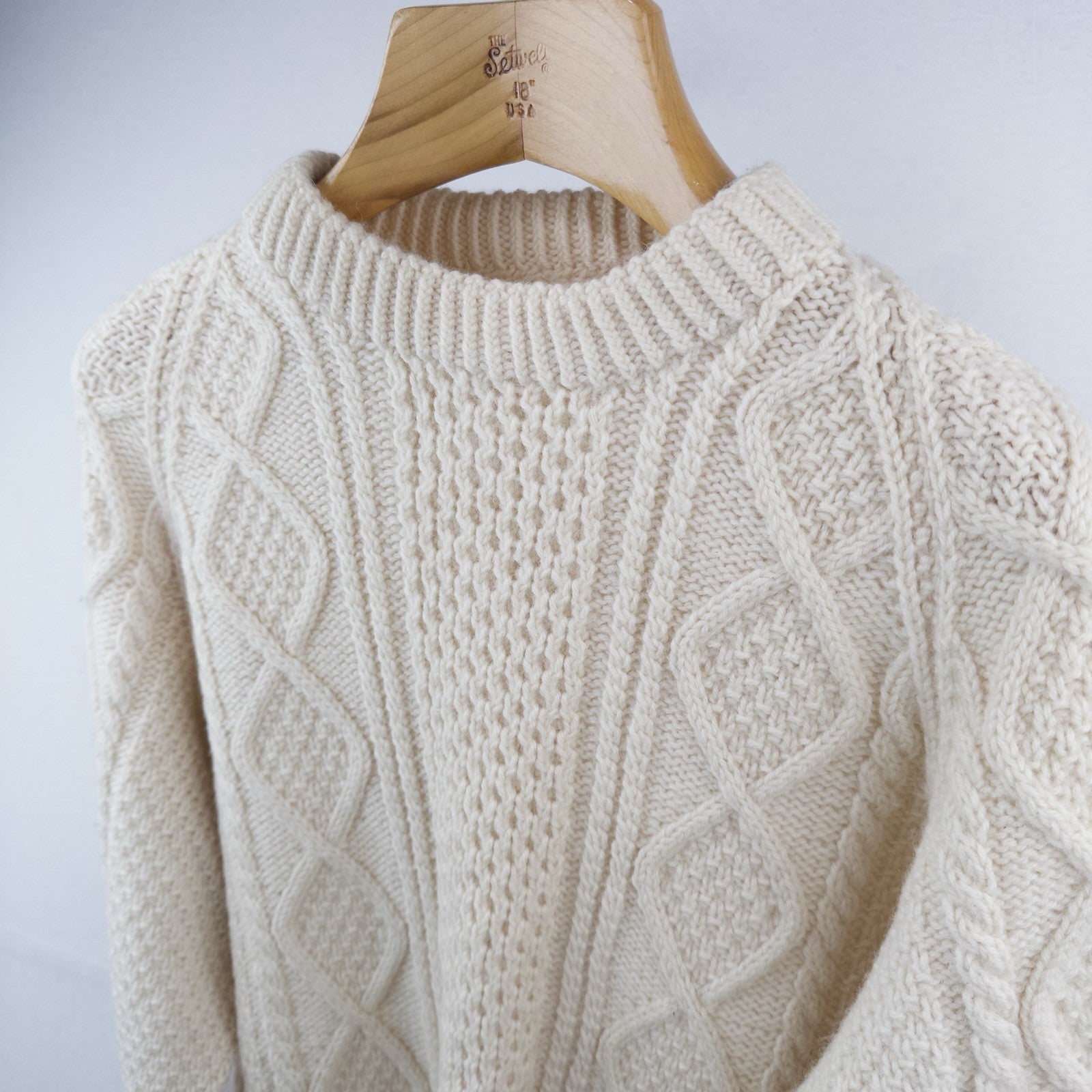 Vintage Handmade Aran Fisherman Cable Knit Wool Sweater Men’s Large (42) Cream