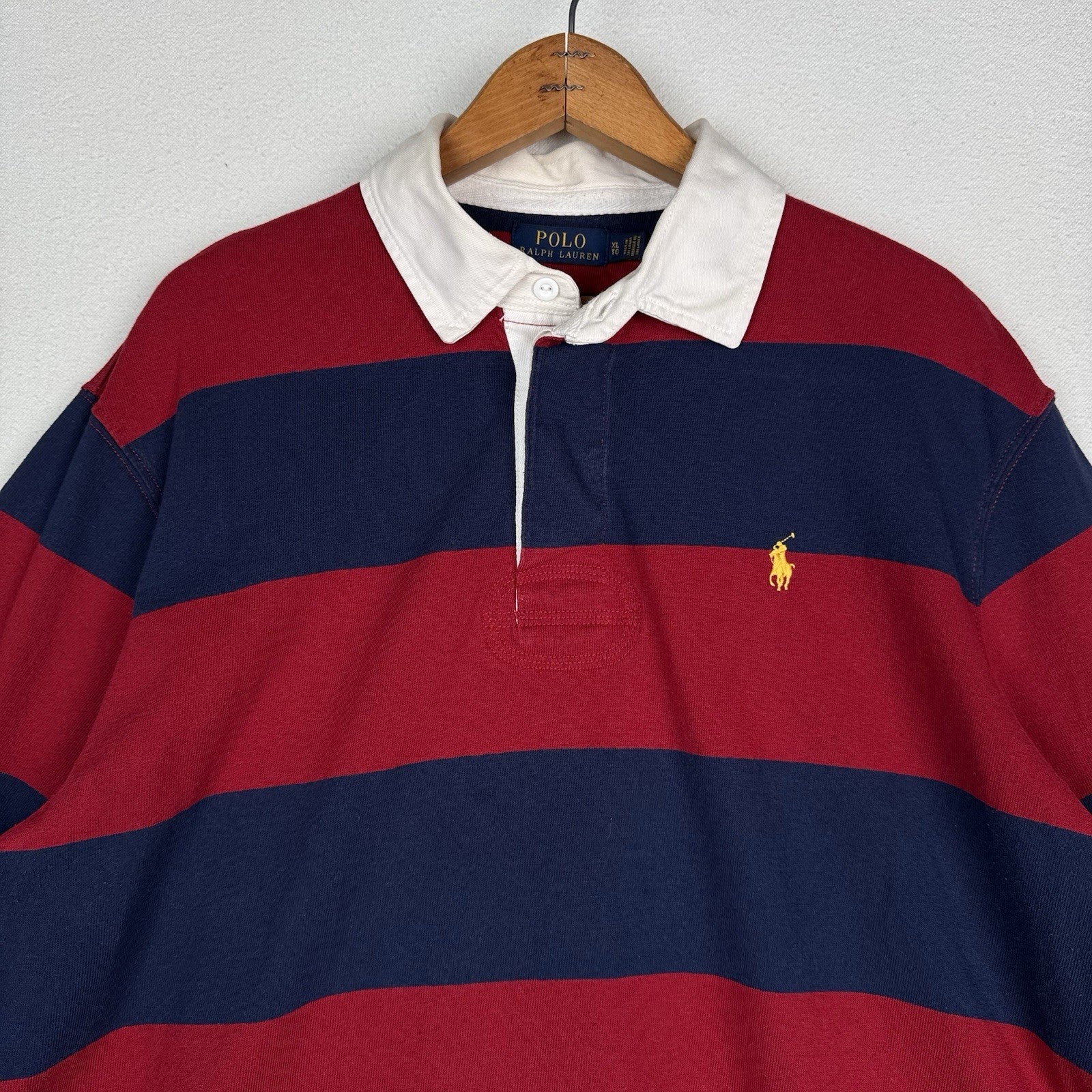 Polo Ralph Lauren Men's Navy/Dark Red Stripe Classic Fit Rugby Polo Shirt XL