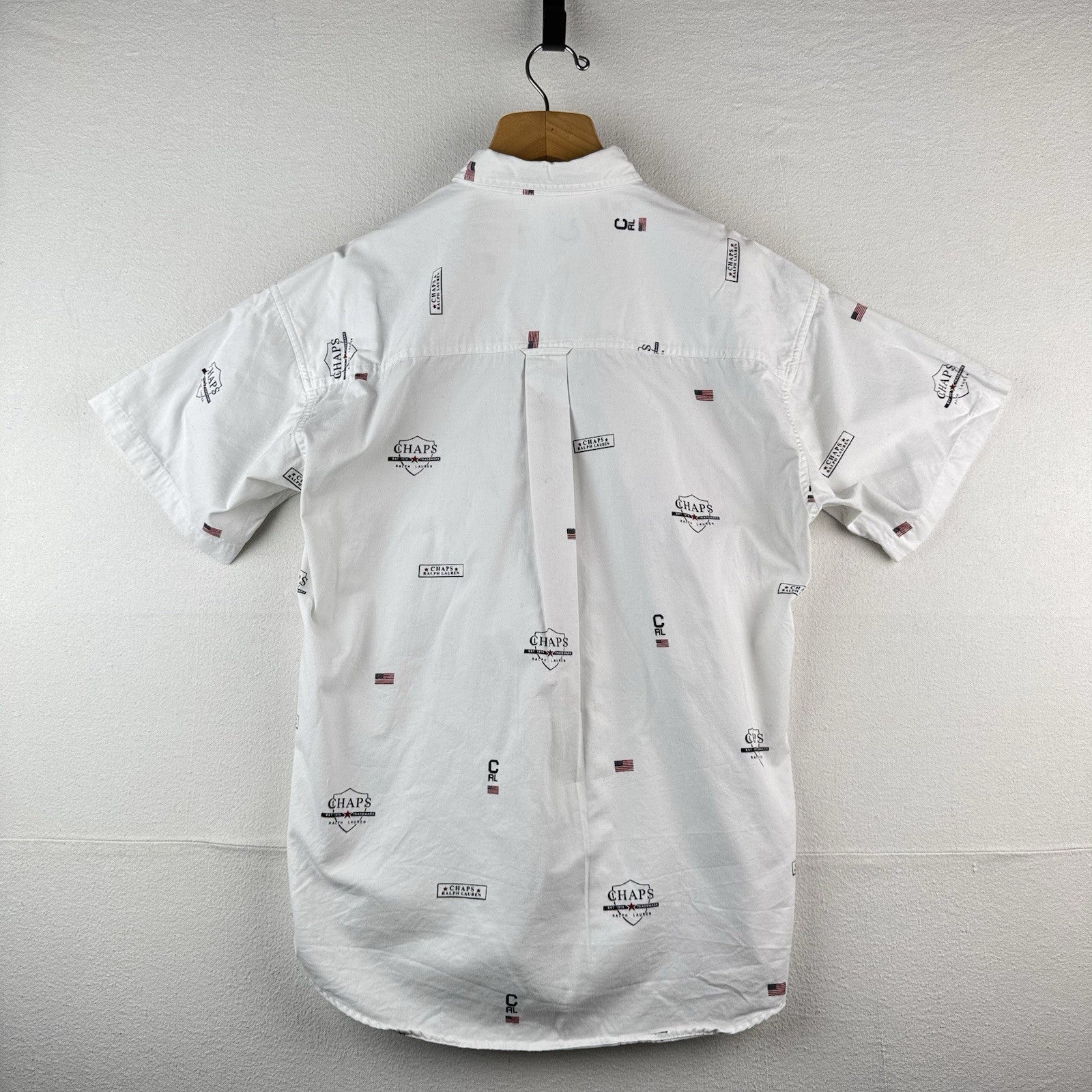 Vintage Ralph Lauren Chaps Mens L White All Over Print Shirt RL Flag