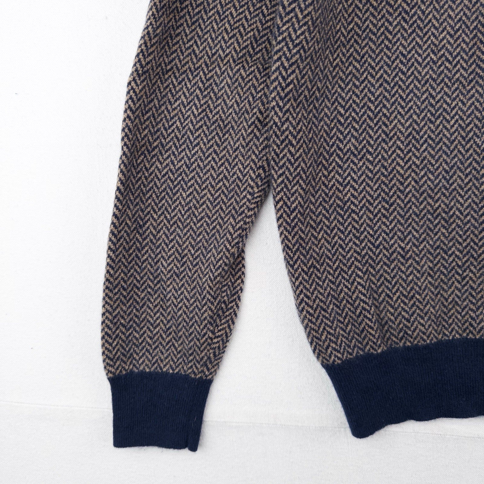 J.Crew 100% Cashmere Herringbone Jacquard Crewneck Sweater Men’s Large Blue Tan