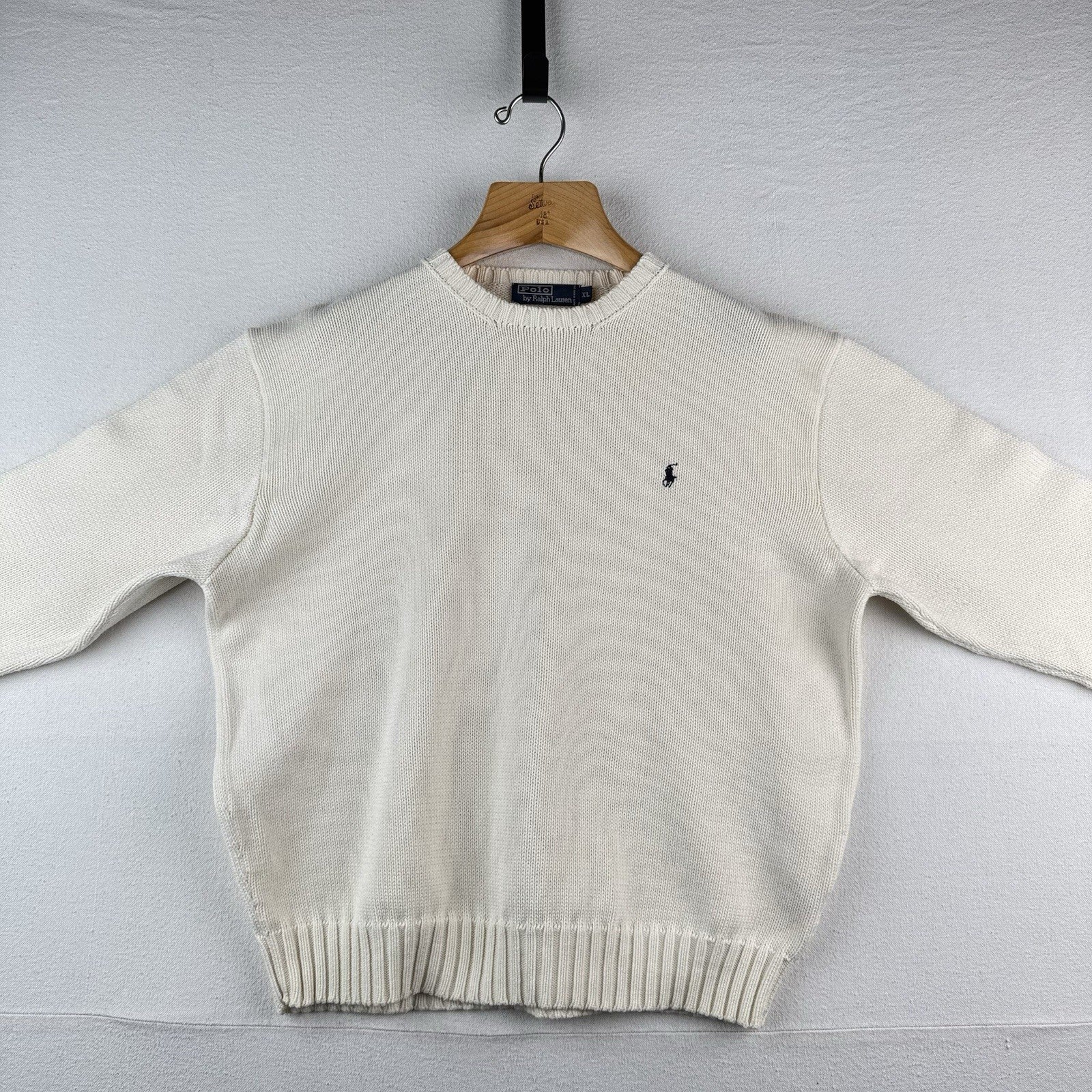 90’s Vtg Polo Ralph Lauren Sweater Men's XL Cream 100% Cotton Crewneck Navy Pony