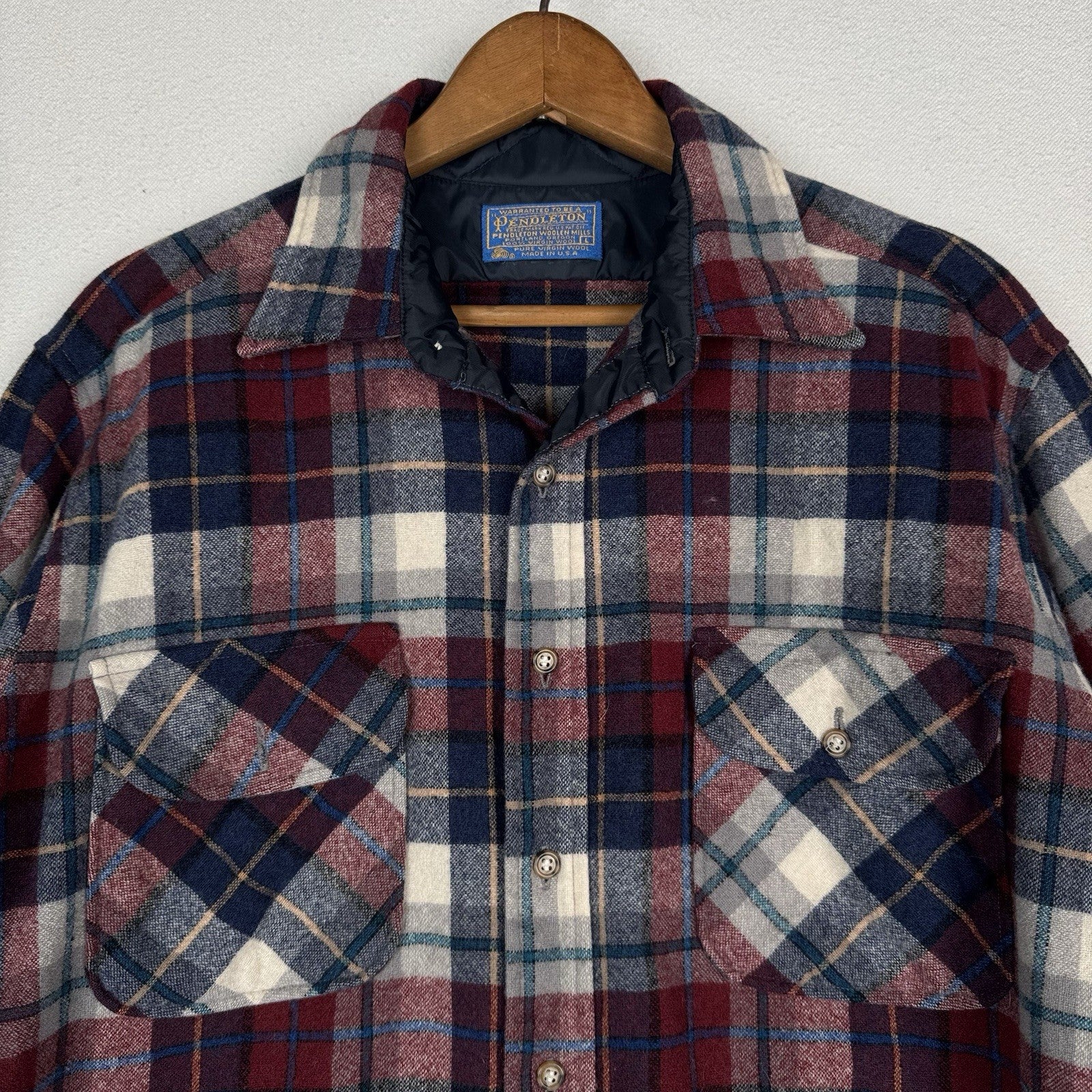 Vintage Pendleton 100% Virgin Wool Board Shirt Red White Blue Plaid Men's Large
