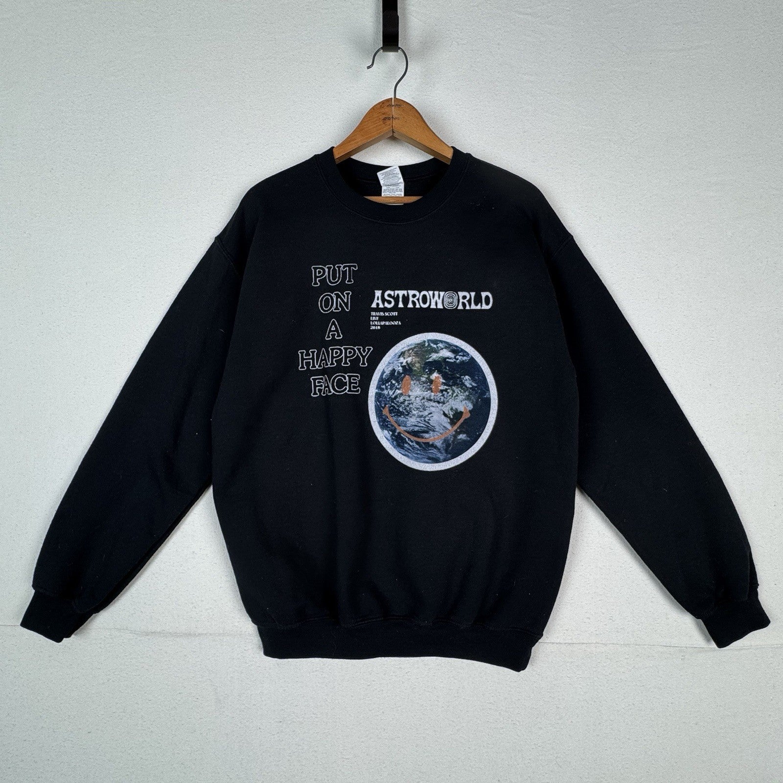 Travis Scott Astroworld 2018 Put On A Happy Face Black Pullover Sweatshirt Sz M