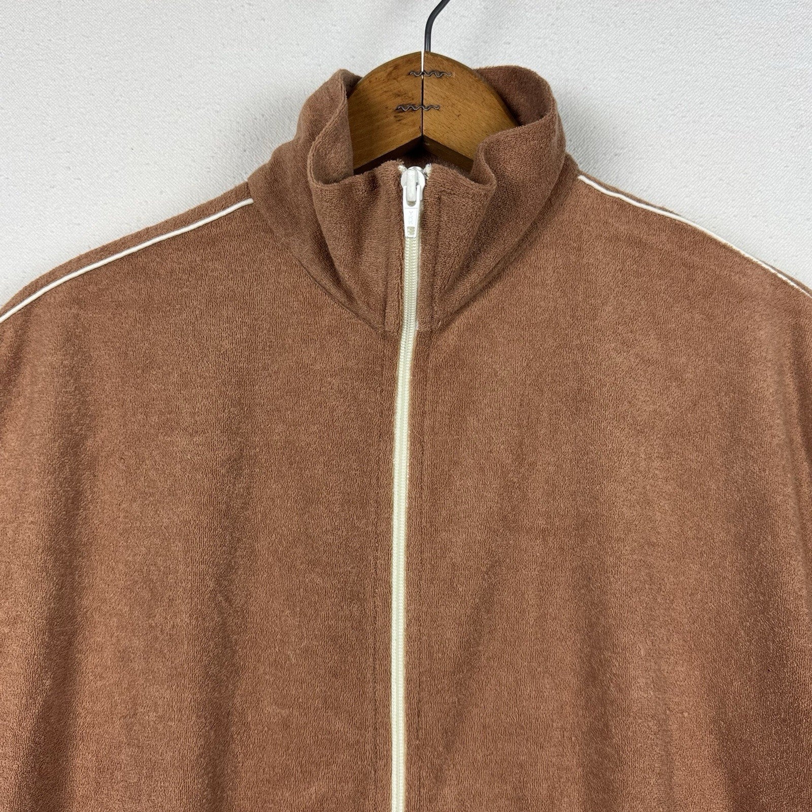 Vintage 80's Men's M Beach Pool Swim Cabana Tennis Shirt Tan Terry Cloth Zip Up