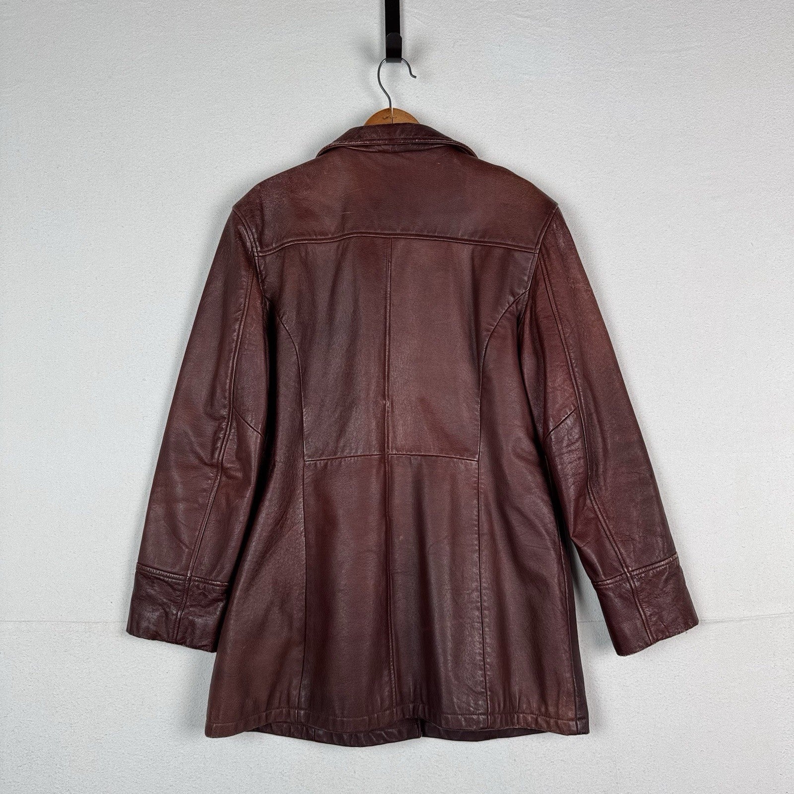 Vintage 90s Frye Leather Womens Large Jacket Coat Rust Brown Maroon Button Front
