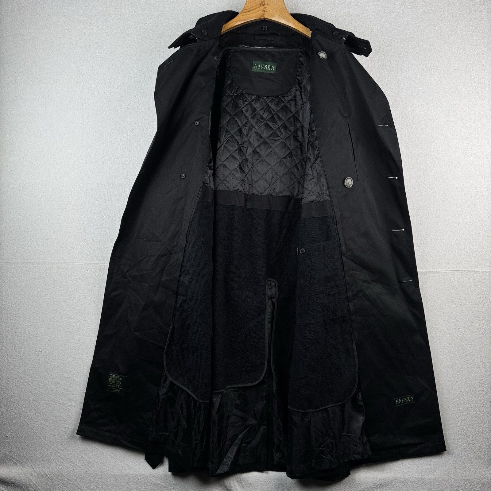 Ralph Lauren Black Trench Coat OverCoat Quilted Cotton Blend Lined Insulated 48R
