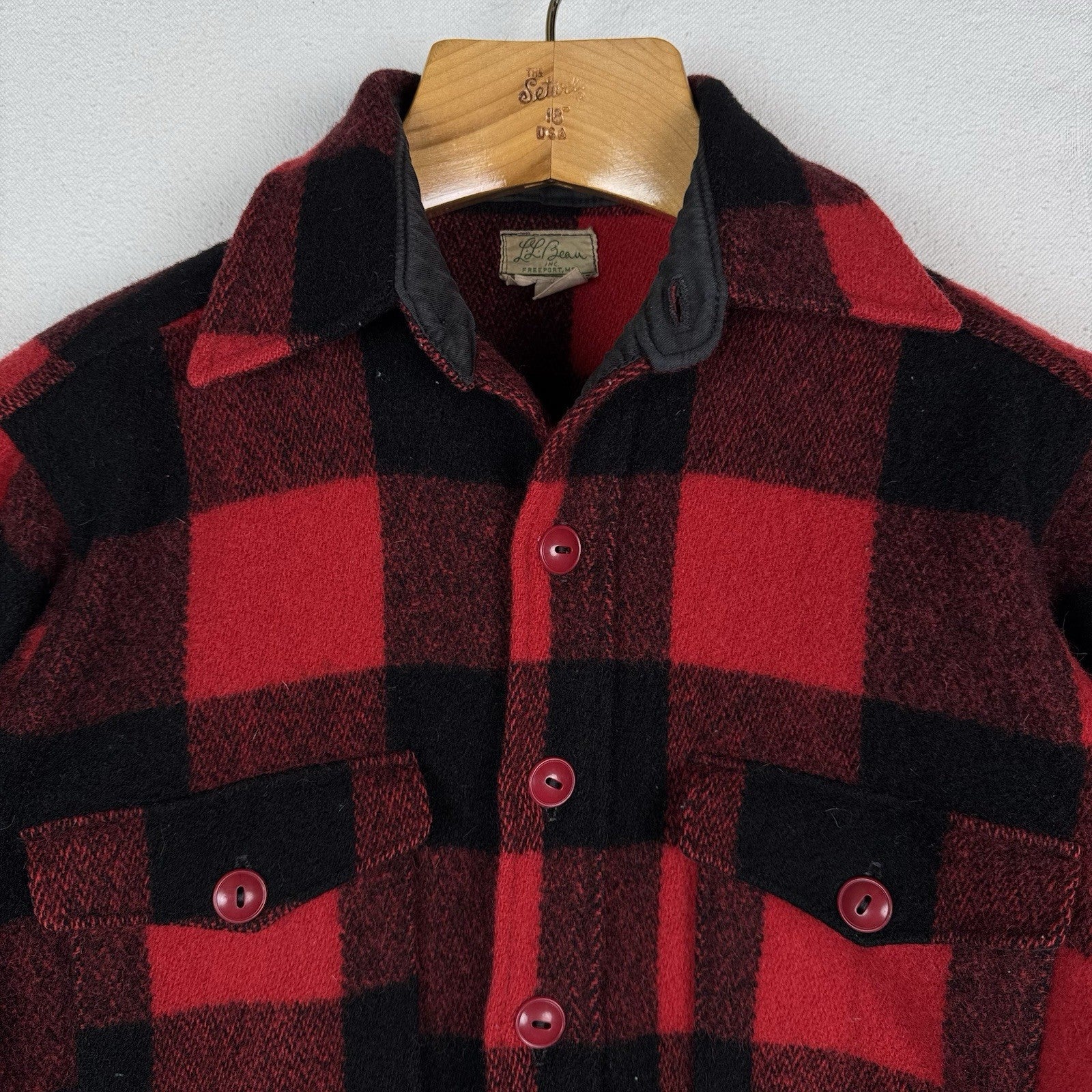 60s Vtg LL Bean Red Buffalo Plaid Mens L Wool Hunting Shirt Flannel Overshirt