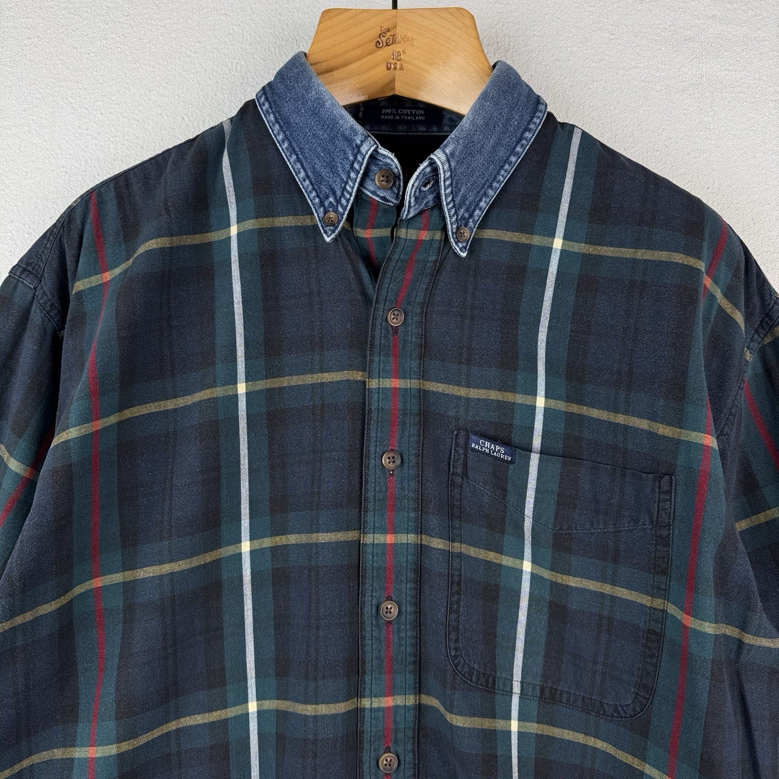 90’s Vtg Chaps Ralph Lauren Men’s M Blue Tartan Plaid Denim Collar Shirt
