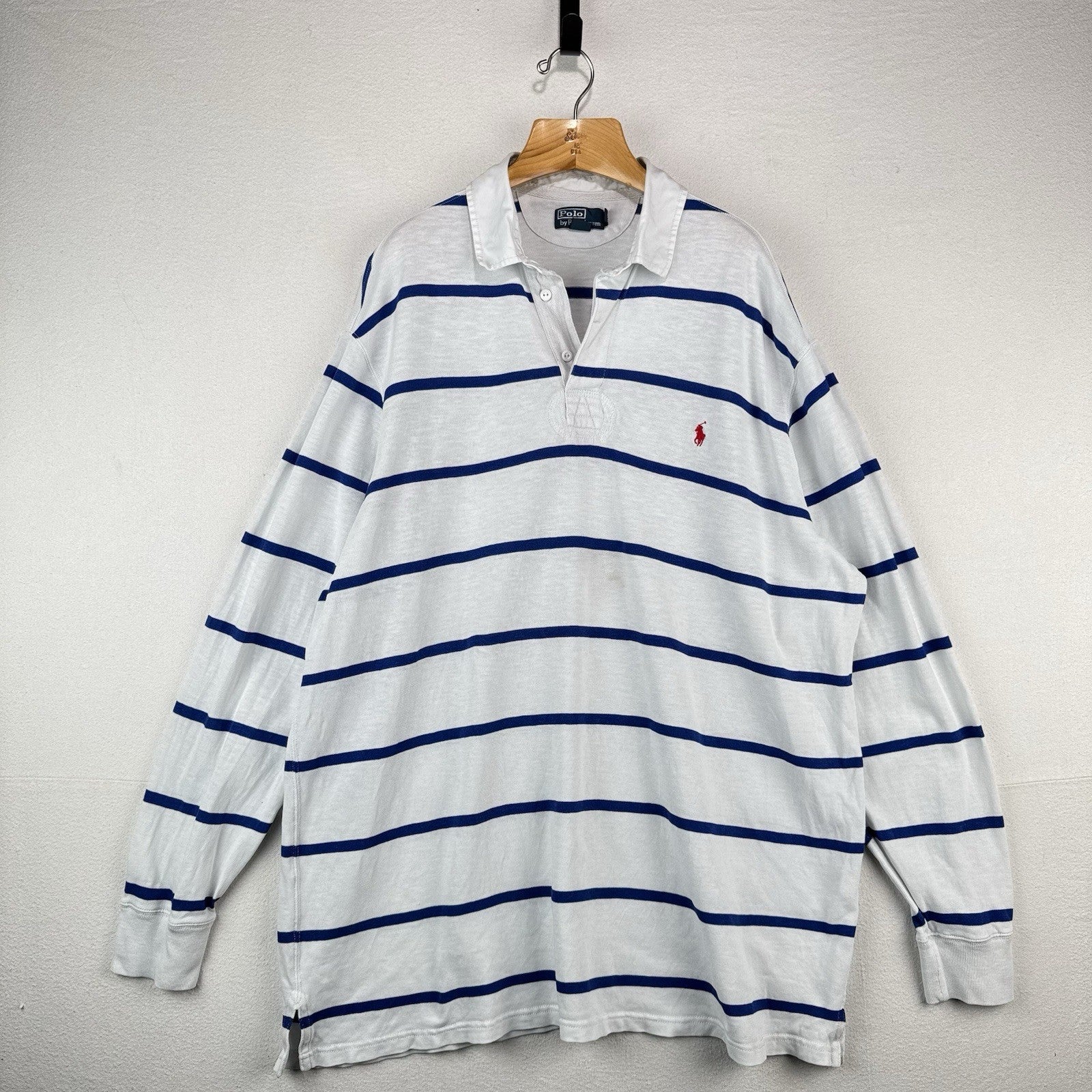 90’s Vtg Polo Ralph Lauren Rugby Shirt Mens 3XLT White Blue Stripe Lightweight