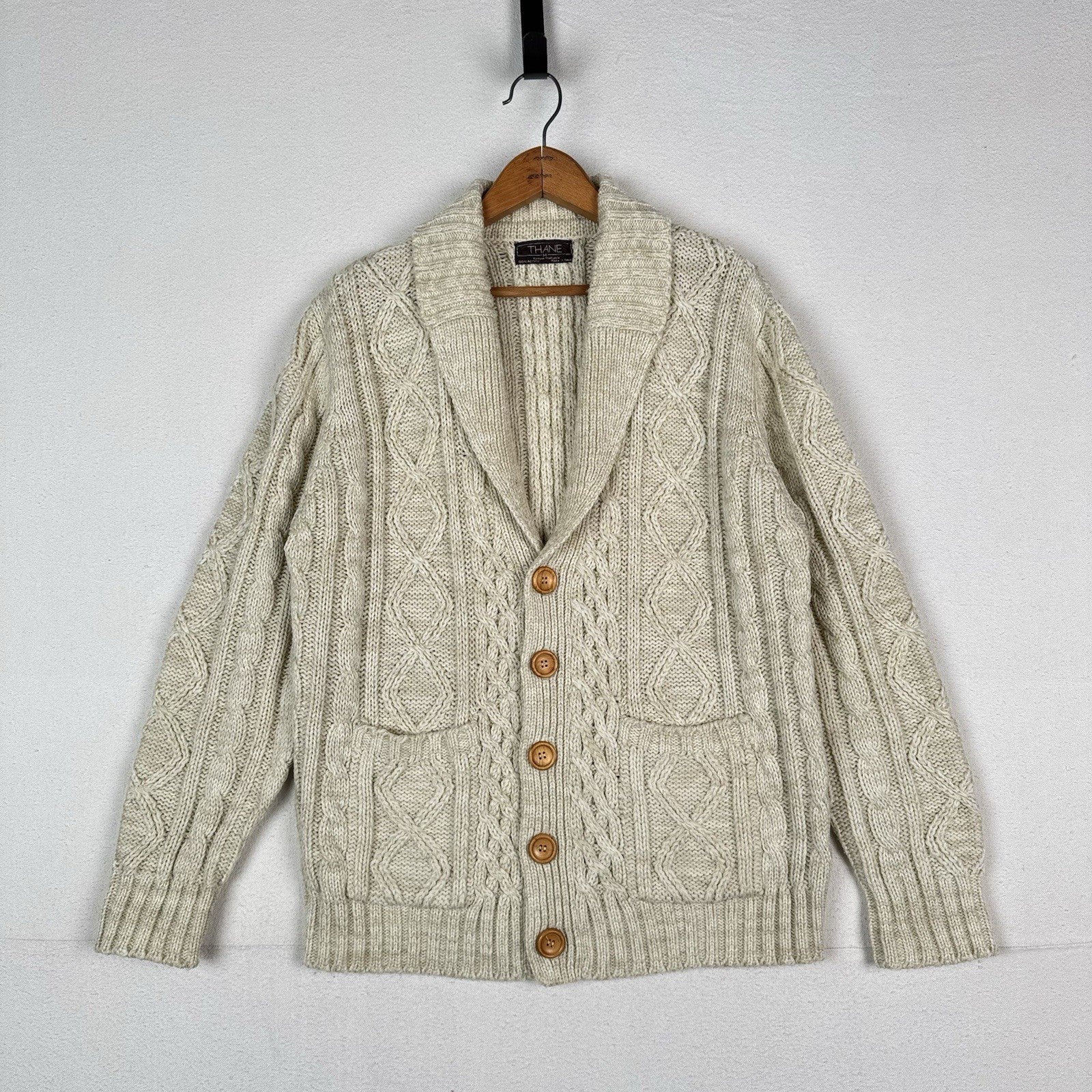 Vintage Thane Men’s Fisherman Cable Knit Cardigan Sweater Acrylic Cream Medium