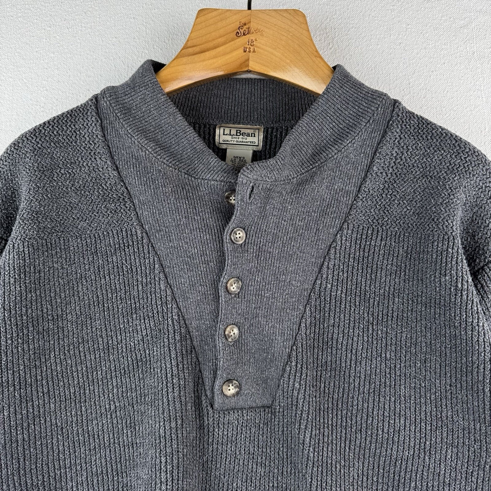 Vtg LL Bean Henley Fisherman Sweater Men’s Large Gray 1/4 Button Heavy