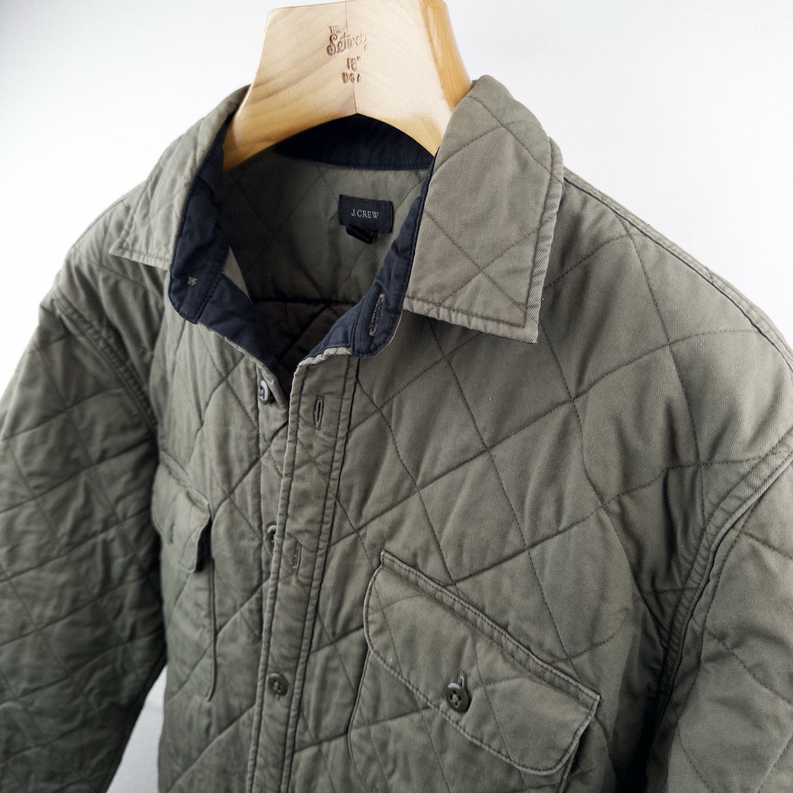 J.Crew Quilted Padded Men’s L Jacket Diamond Weave Green Cotton Insulated *Read