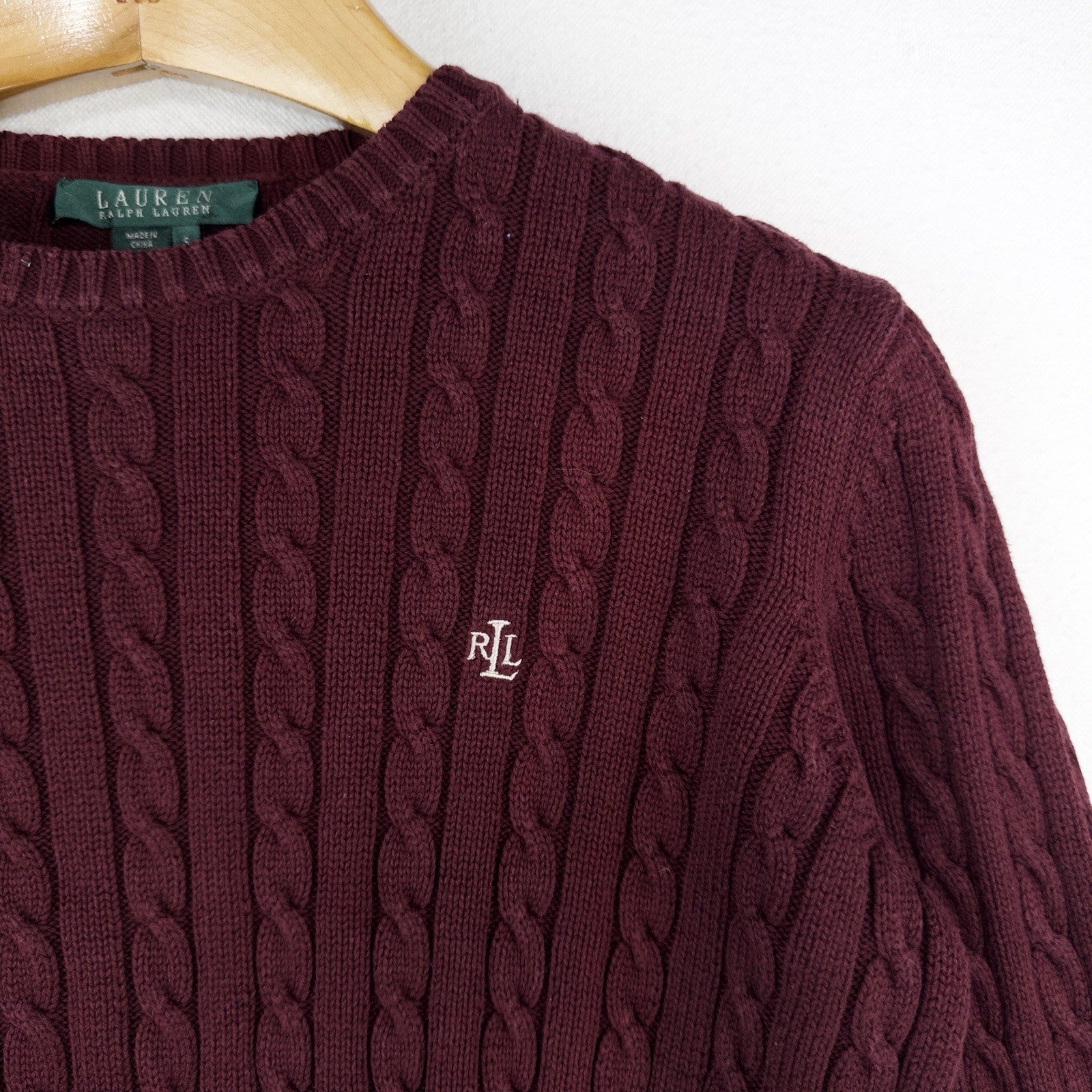 Ralph Lauren LRL Womens Small Maroon 100% Cotton Sweater 3D Cable Knit Crewneck