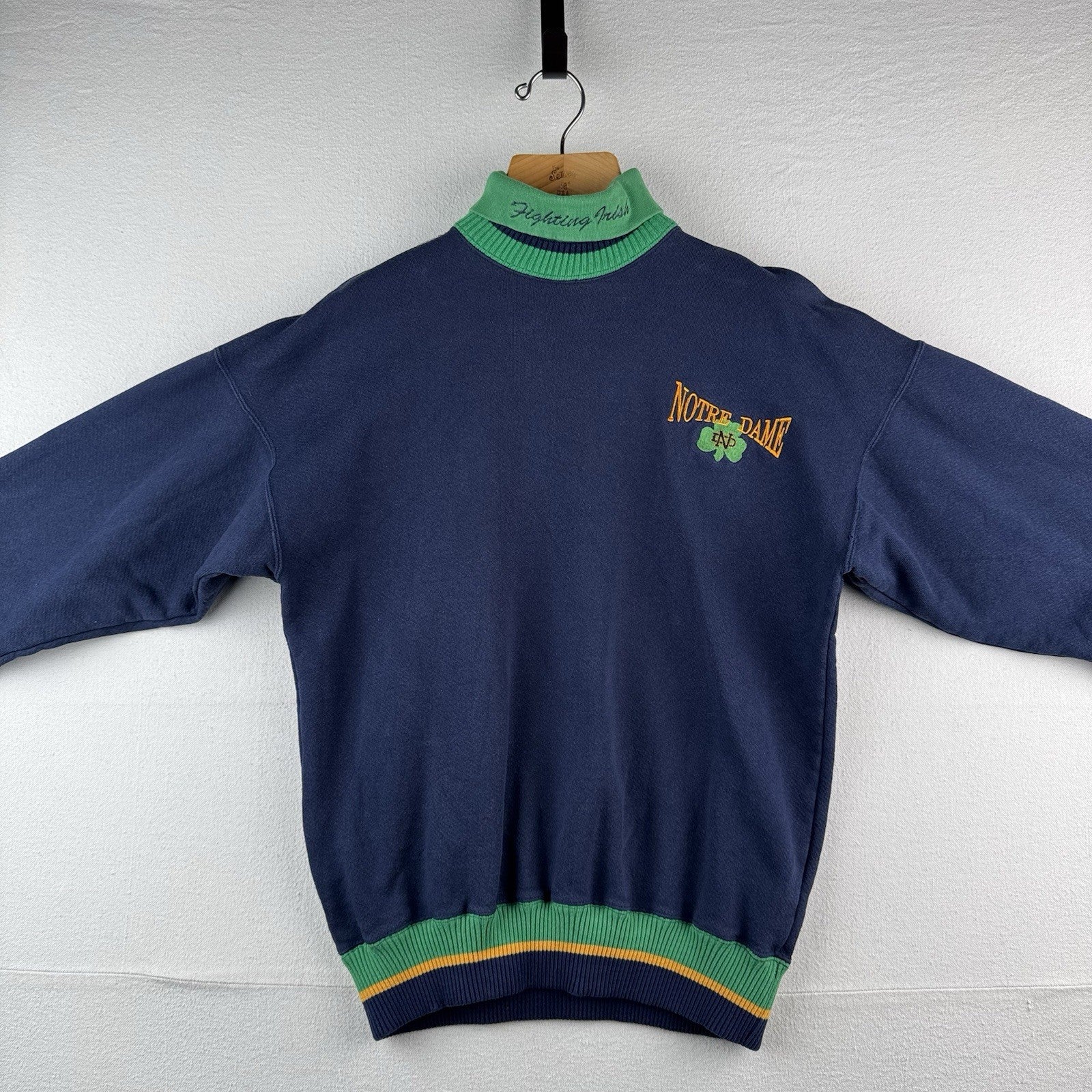 90’s Vintage Notre Dame Fighting Irish Sweatshirt Mens L Blue Green Mock Neck