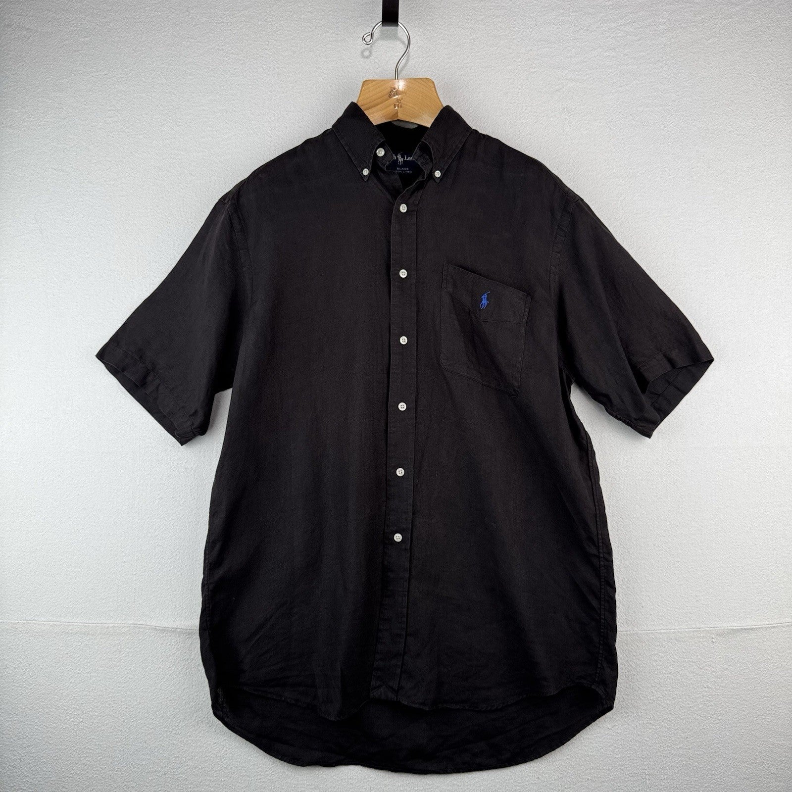 Vtg Ralph Lauren Blaire Black Linen Short Sleeve Shirt Mens Medium Button Down