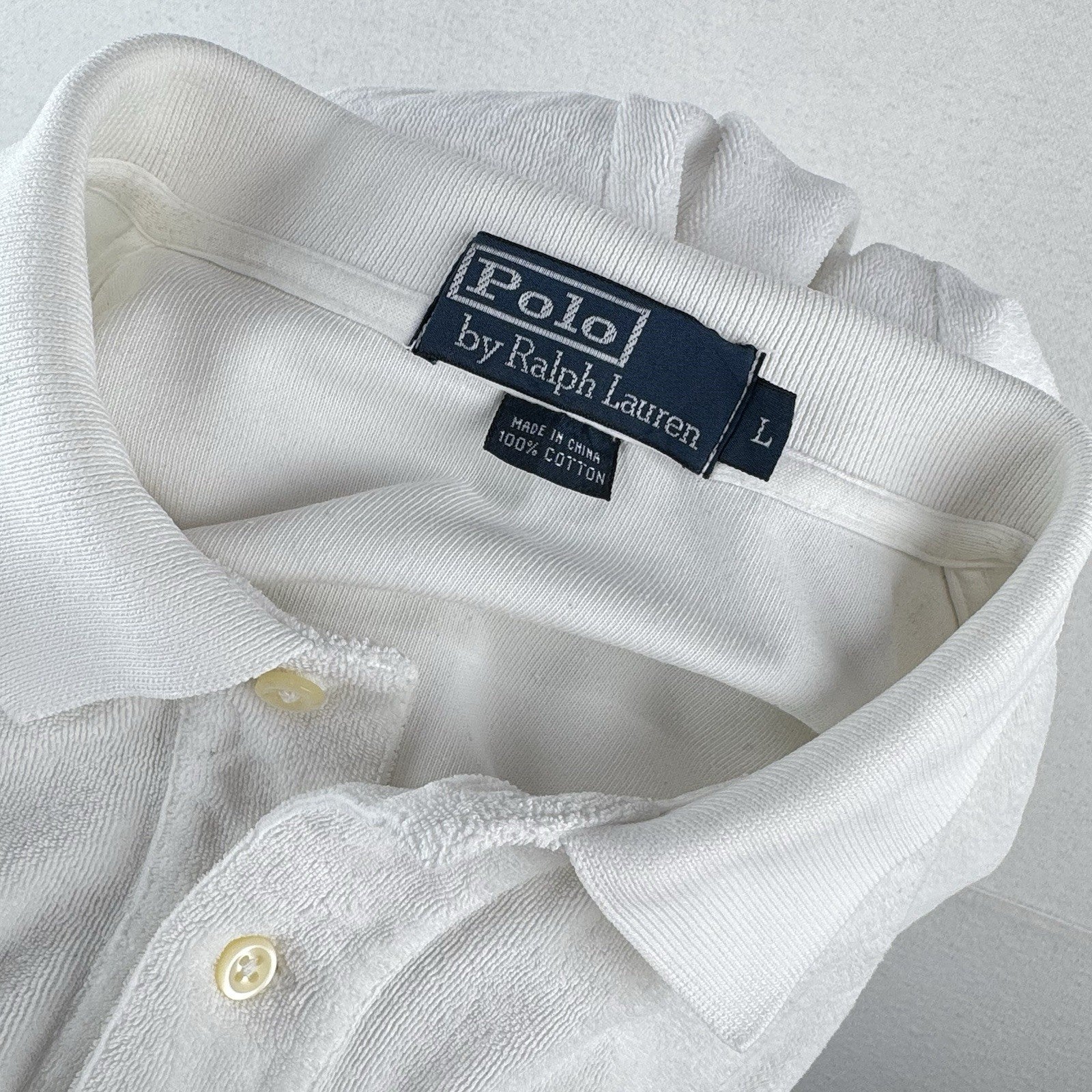 90’s Vtg Polo Ralph Lauren Terry Cloth Shirt Mens L White Pool Resort Cabana