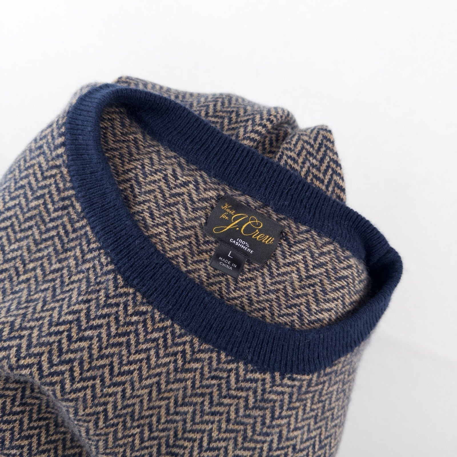 J.Crew 100% Cashmere Herringbone Jacquard Crewneck Sweater Men’s Large Blue Tan