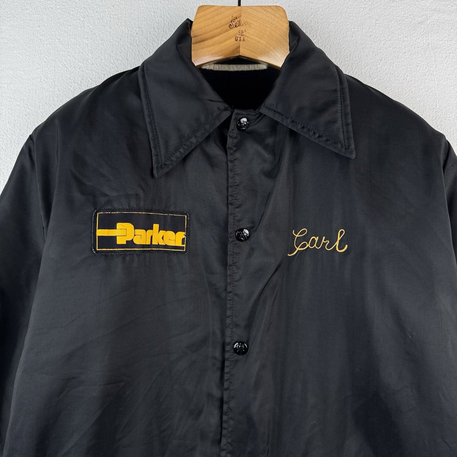 70's Vtg Parker Hannifin Fleece Lined Coach Jacket Chain Stitched "Carl" Black L