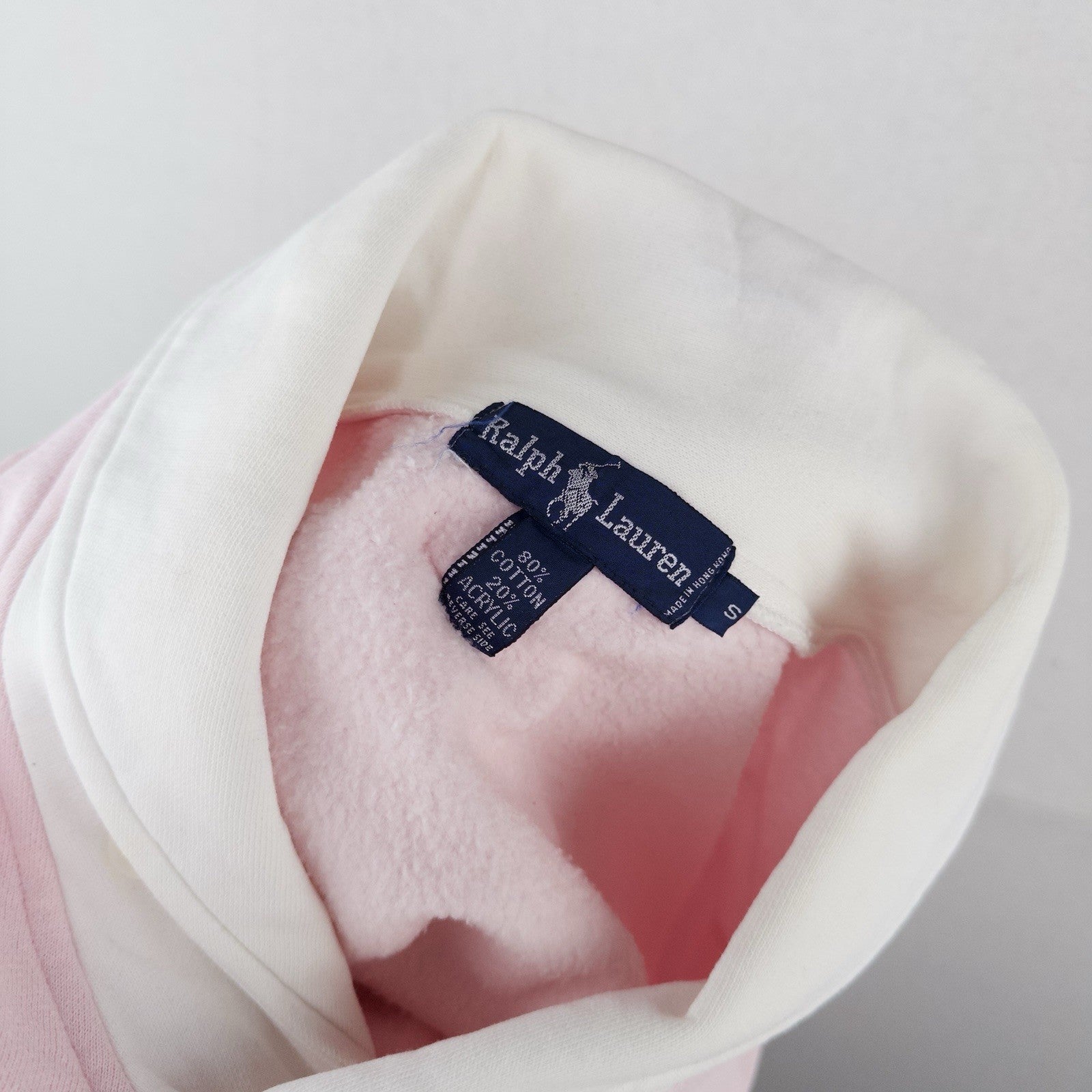 90s Ralph Lauren Womens Small Pink White Shawl Collar Fleece Pullover Sweatshirt