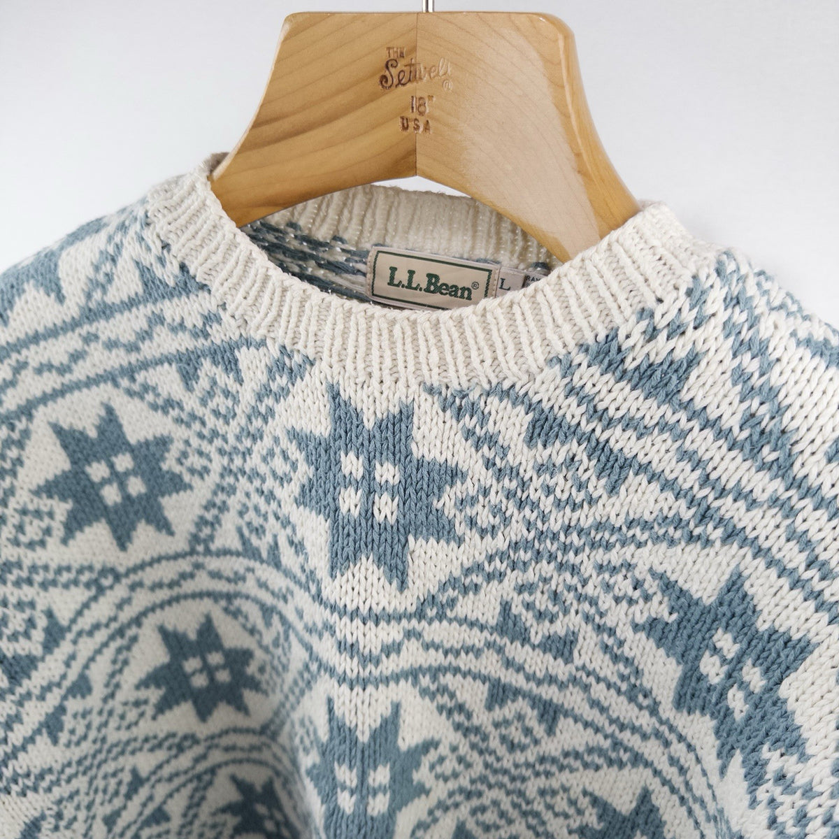 80’s Vtg LL BEAN Women's L Nordic Ramie Blend Knit Blue Cream Snowflake Sweater