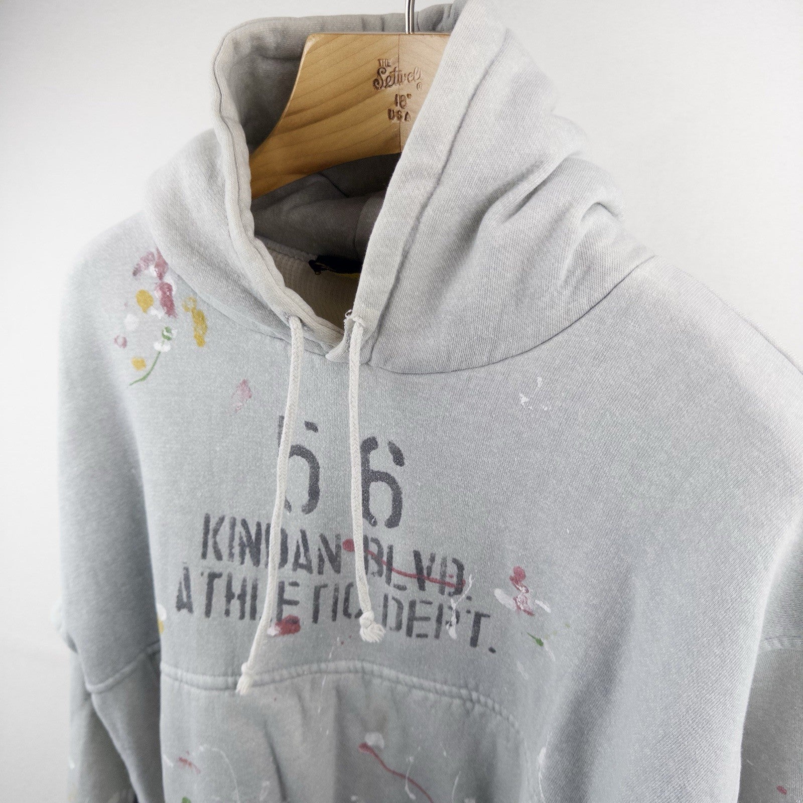 Vtg Kindan Blvd. Athletic Dept Stencil Painted Thermal Lined Hoodie Grey Medium