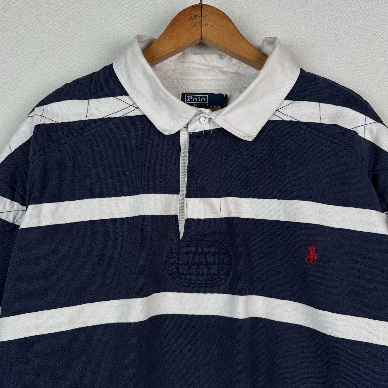 Polo Ralph Lauren Rugby Shirt 4XLB Blue White Quilted Elbow Patch *No Cuffs