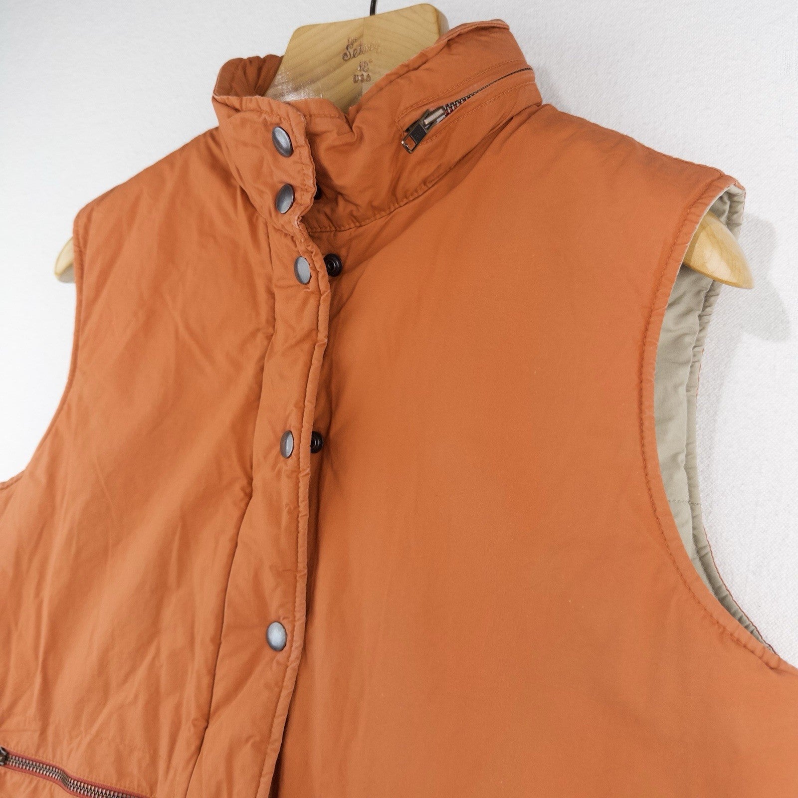 J.Crew Puffer Vest Full Zip Orange Women’s Large Hidden Hood Snaps