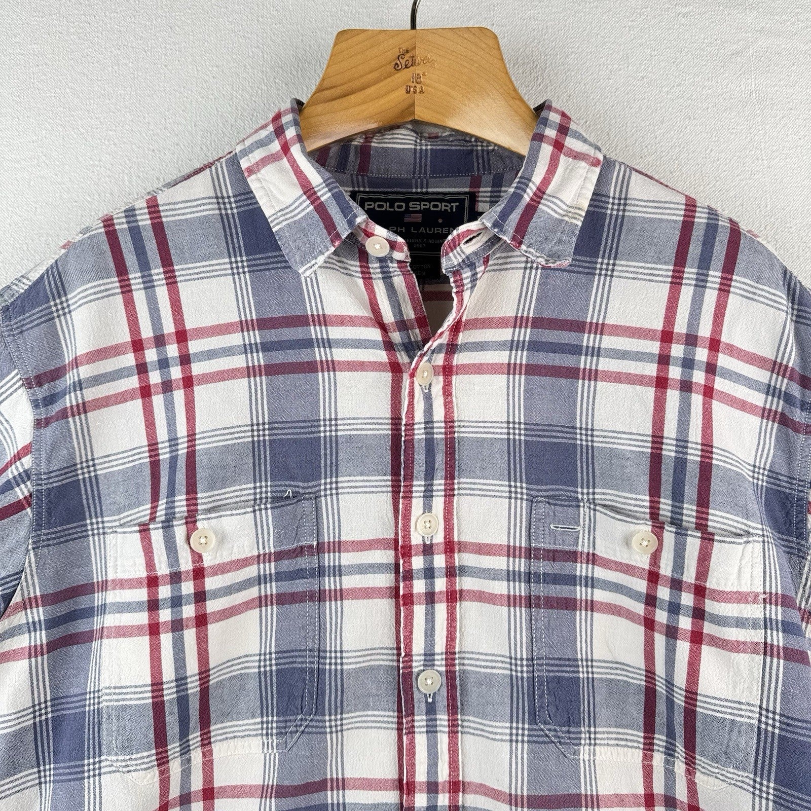 Vintage Polo Sport Ralph Lauren Men’s M Red Blue Plaid Linen Blend Camp Shirt