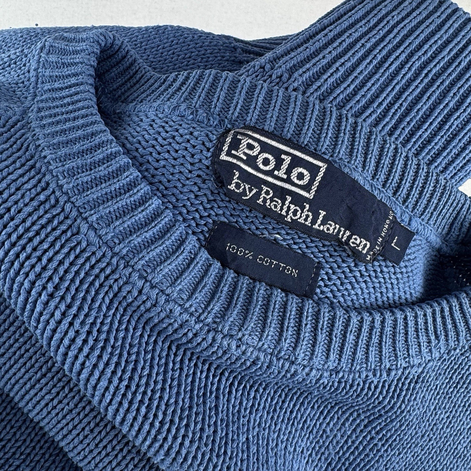 90s Vtg Polo Ralph Lauren Men’s L Cookie Sweater Patch Embroidered Raglan Blue