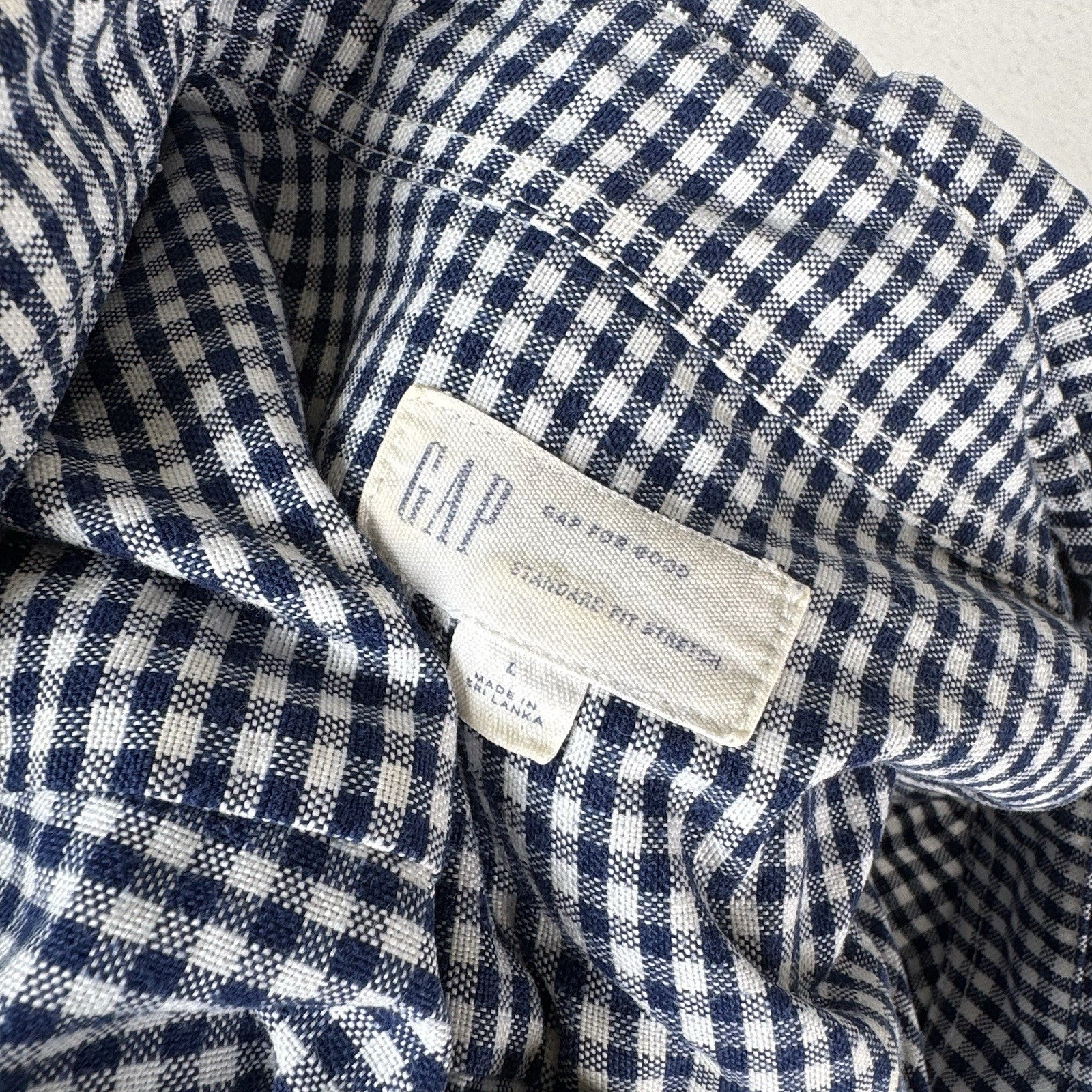 Gap Mens Large Button Up Shirt LS Stretch Stndrd Fit Blue White Gingham Check
