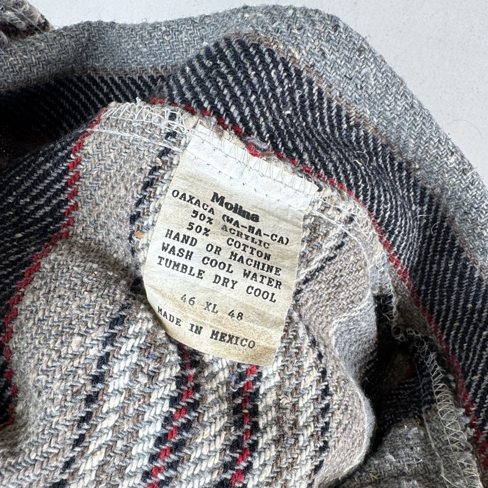 Vintage Baja Mexican Woven Blanket Hoodie Pullover Jacket Blue Gray Red XL Boho