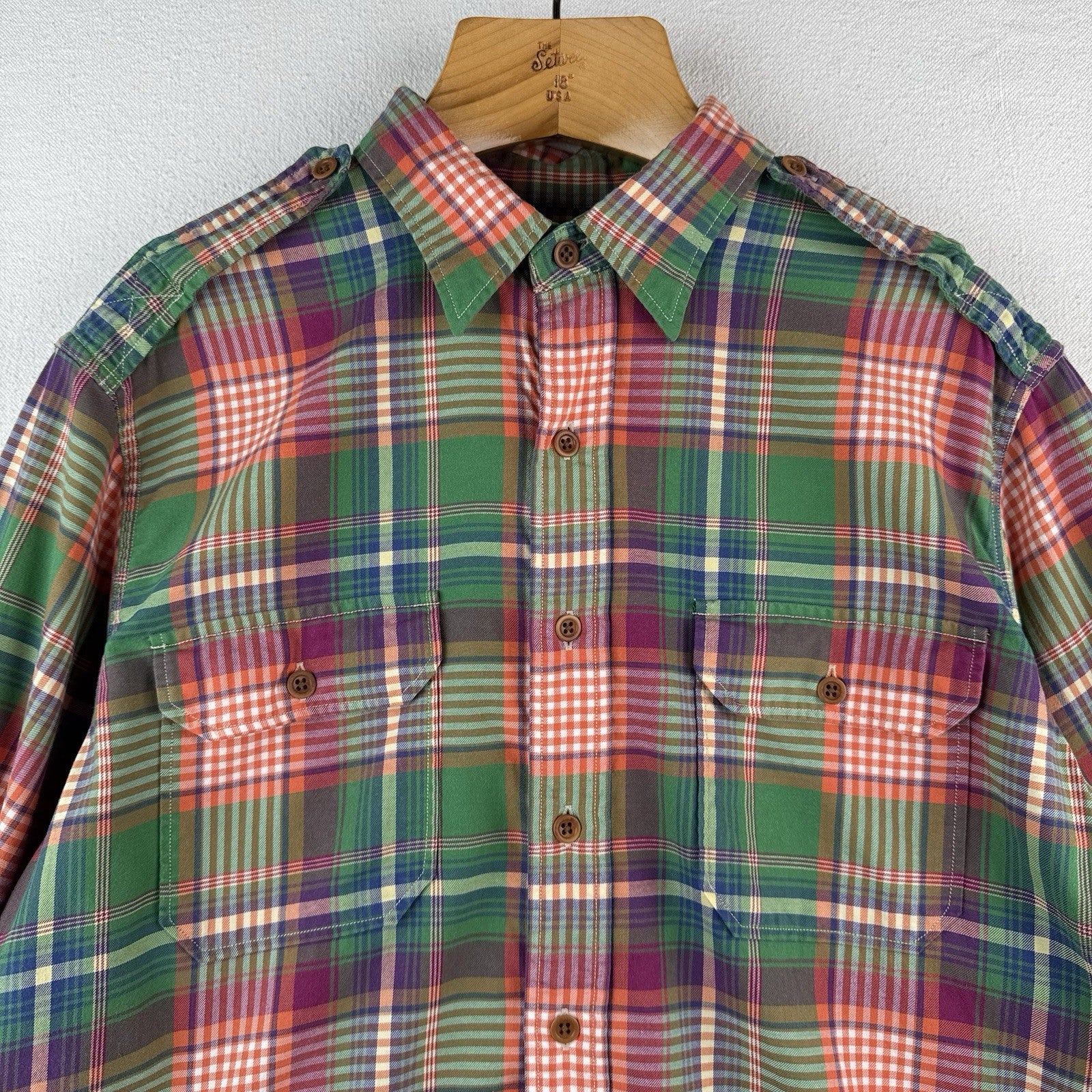Vintage Polo Ralph Lauren Men’s XL Madras Button Down Shirt Green Orange Safari