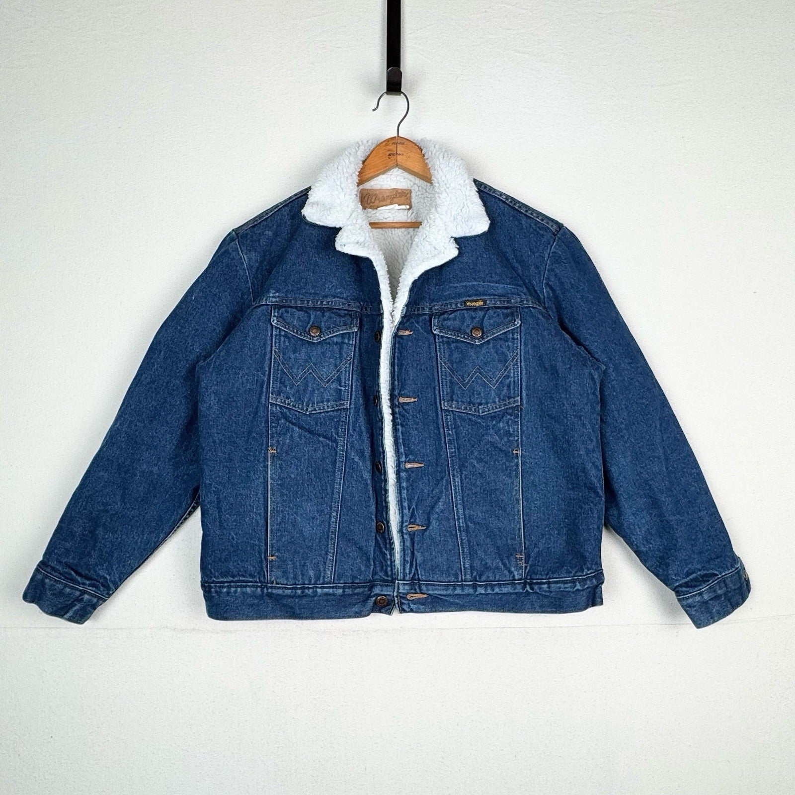 Vintage Wrangler Sherpa Denim Jean Trucker Jacket Men’s Large L Blue Made In USA