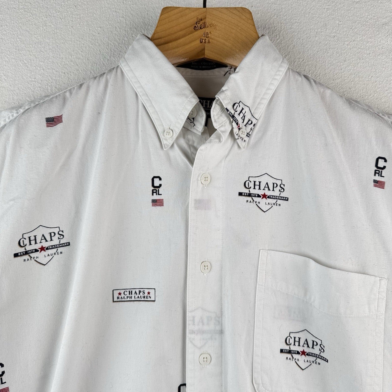 Vintage Ralph Lauren Chaps Mens L White All Over Print Shirt RL Flag