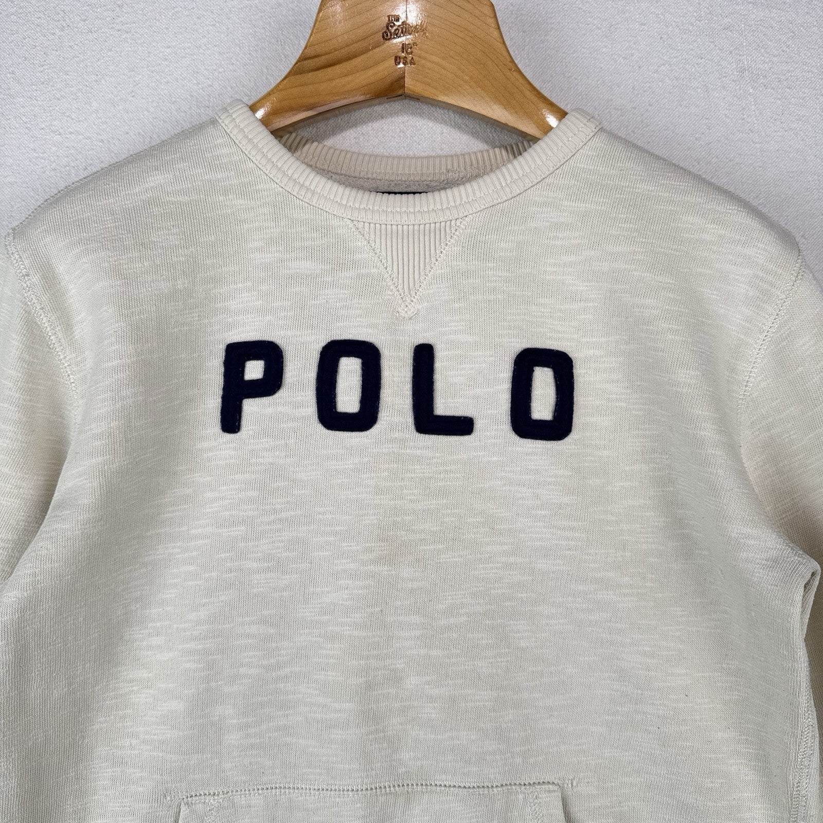 Polo Ralph Lauren Boy’s Large 14/16 Spell Out Crew Cream Sweatshirt Pocket *Read