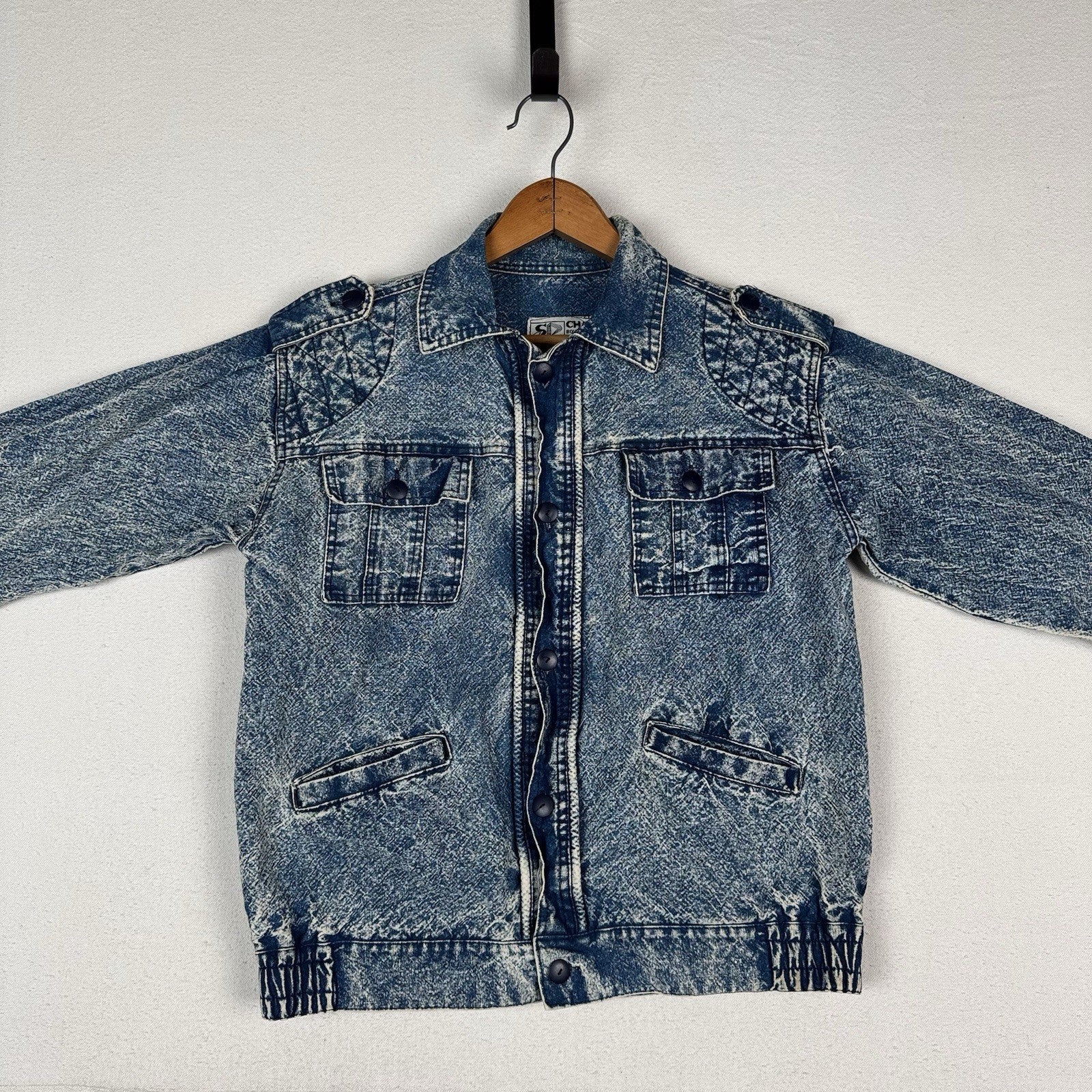 Vintage 80’s Chai Denim Jacket Unisex Medium Acid Wash Quilted Shoulders Straps