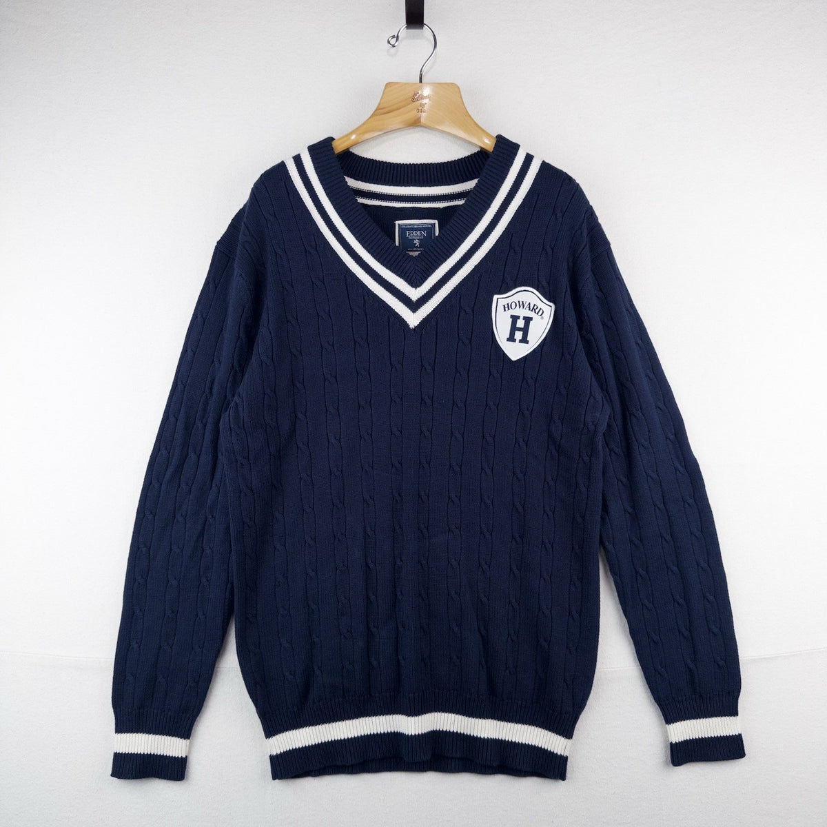 Howard University Cricket Tennis V-Neck Patch Cable Knit Sweater Blue XL HBCU